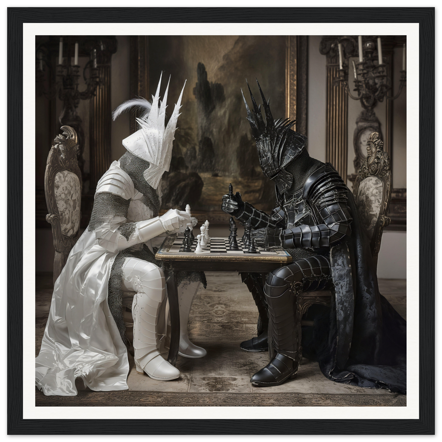 Two armored figures strategizing in a Knightly Psyche Duel chess match at a table