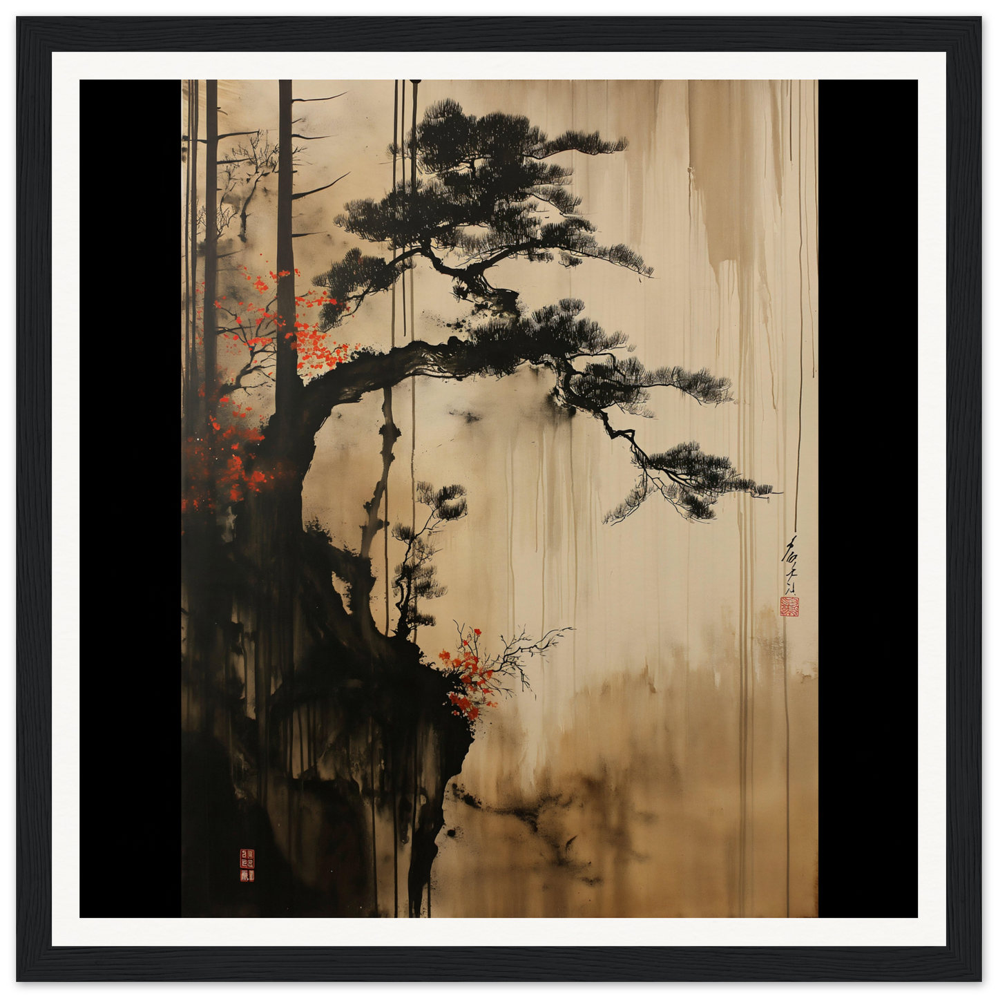 Gnarled pine tree in Luminous Pine Solitude art, stretching over a misty void