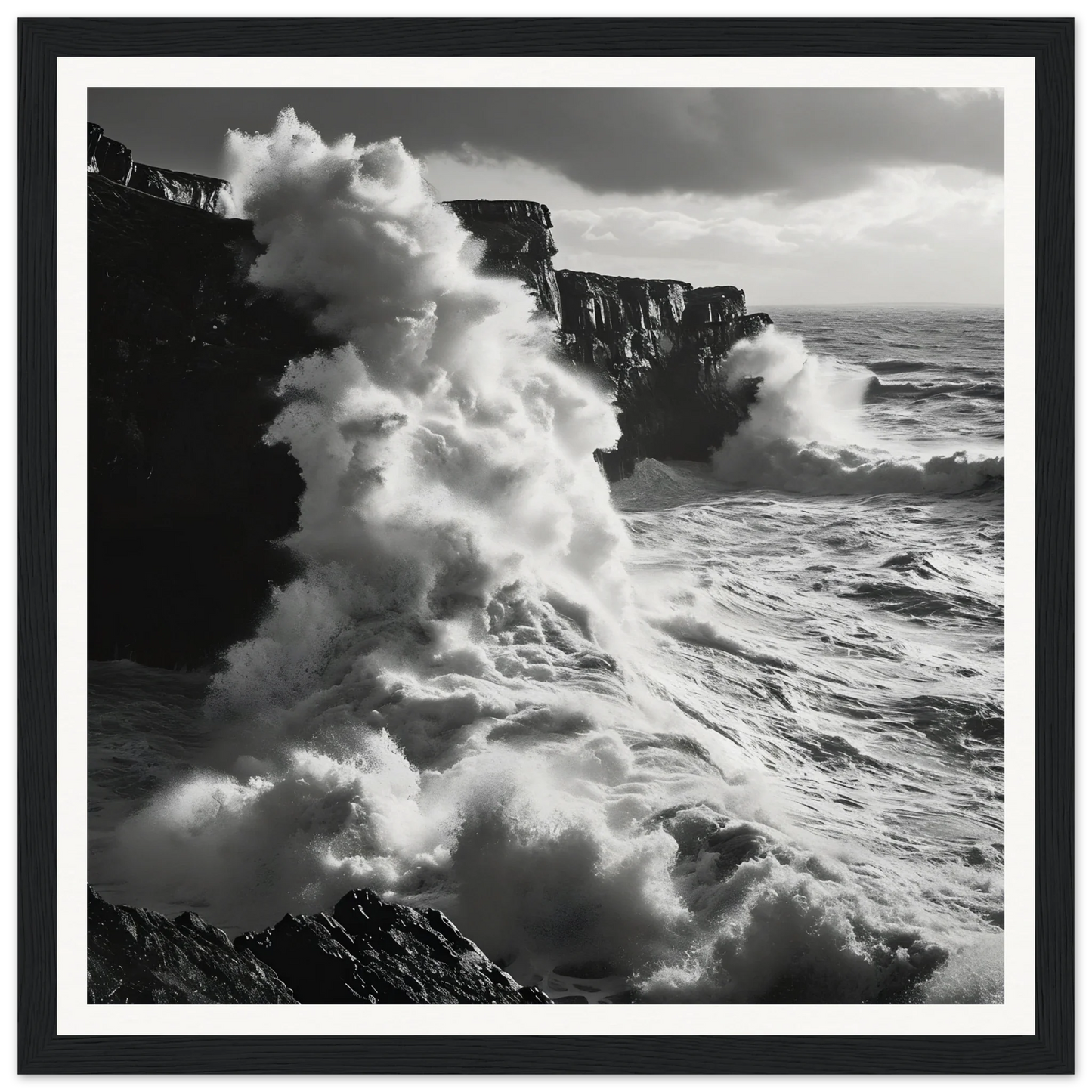Powerful ocean waves crashing on rocky cliffs in Oceanic Thunder Locks framed poster