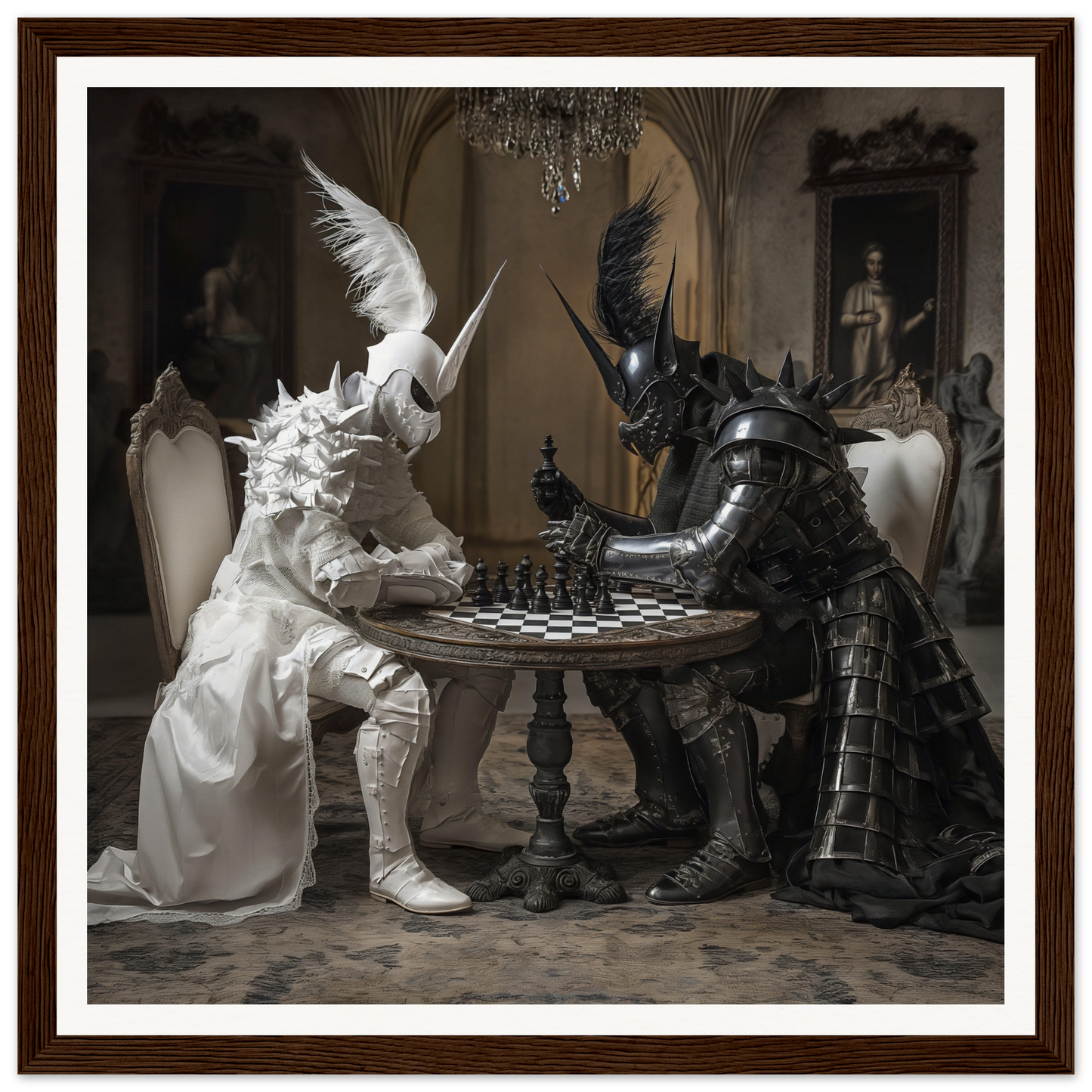 Two armored figures playing chess at an ornate table in Armor’s Silent Gambit art