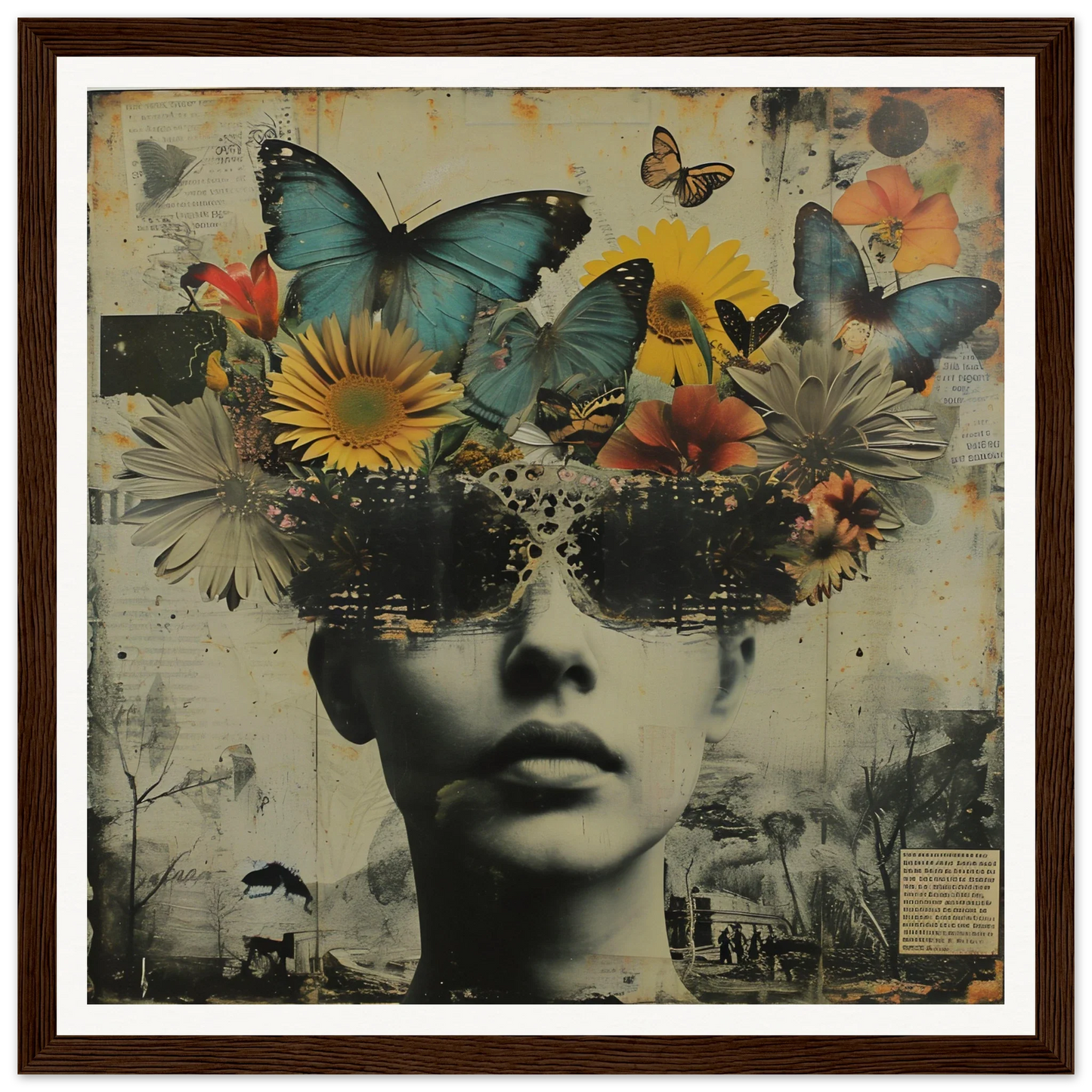 Surreal portrait of butterflies and flowers from dark sunglasses, Butterfly Dream Visage