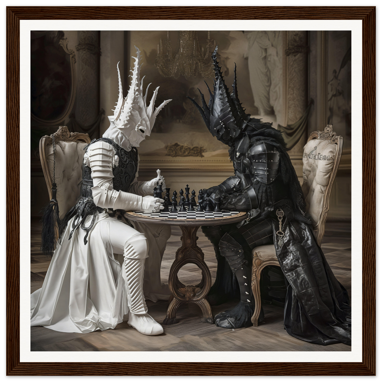 Two armored figures in black and white costumes playing chess in Chessmen Mystics’ Duel