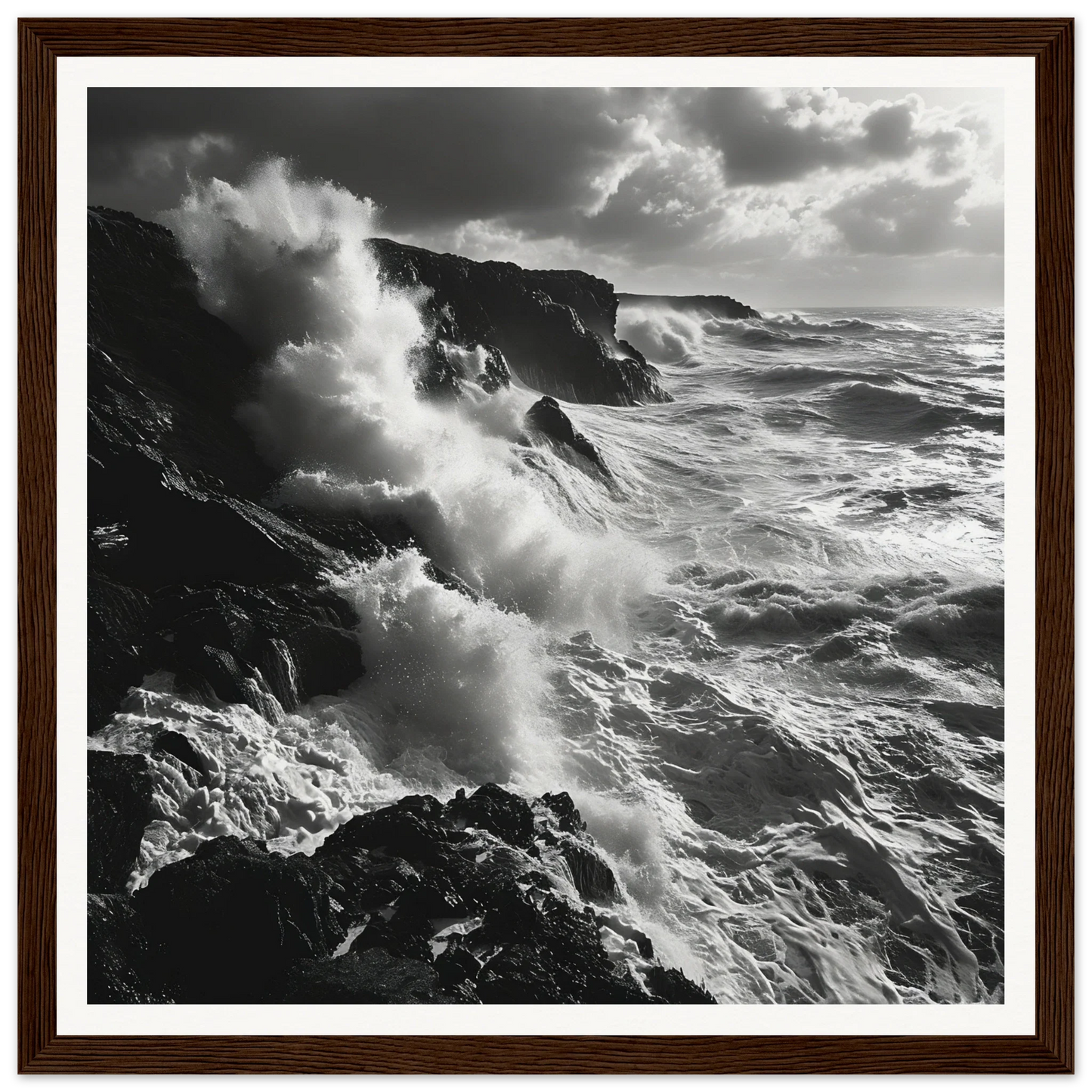 Powerful ocean waves crashing on rocky cliffs in Craggy Surf Duel special edition art™
