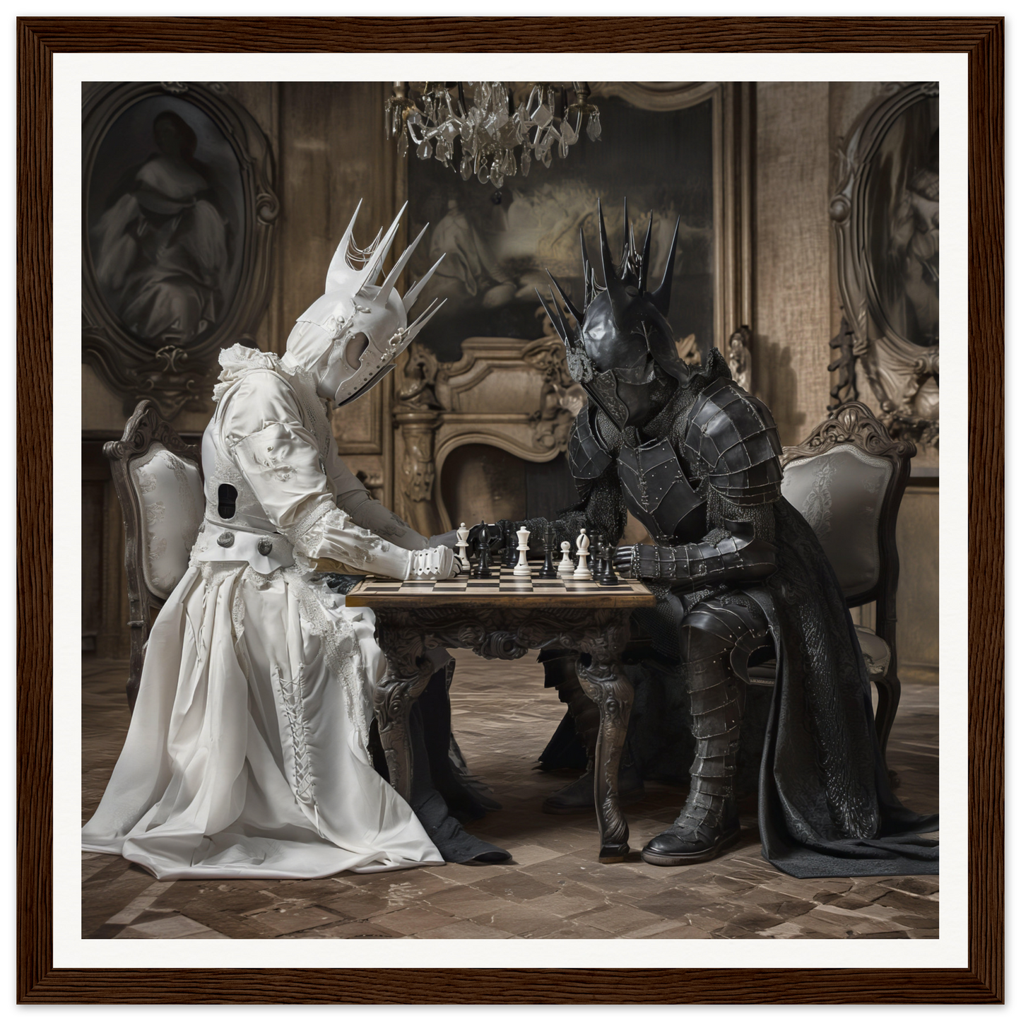 Two fantasy figures in armor play chess at an ornate table in Eternal Chess Struggle art