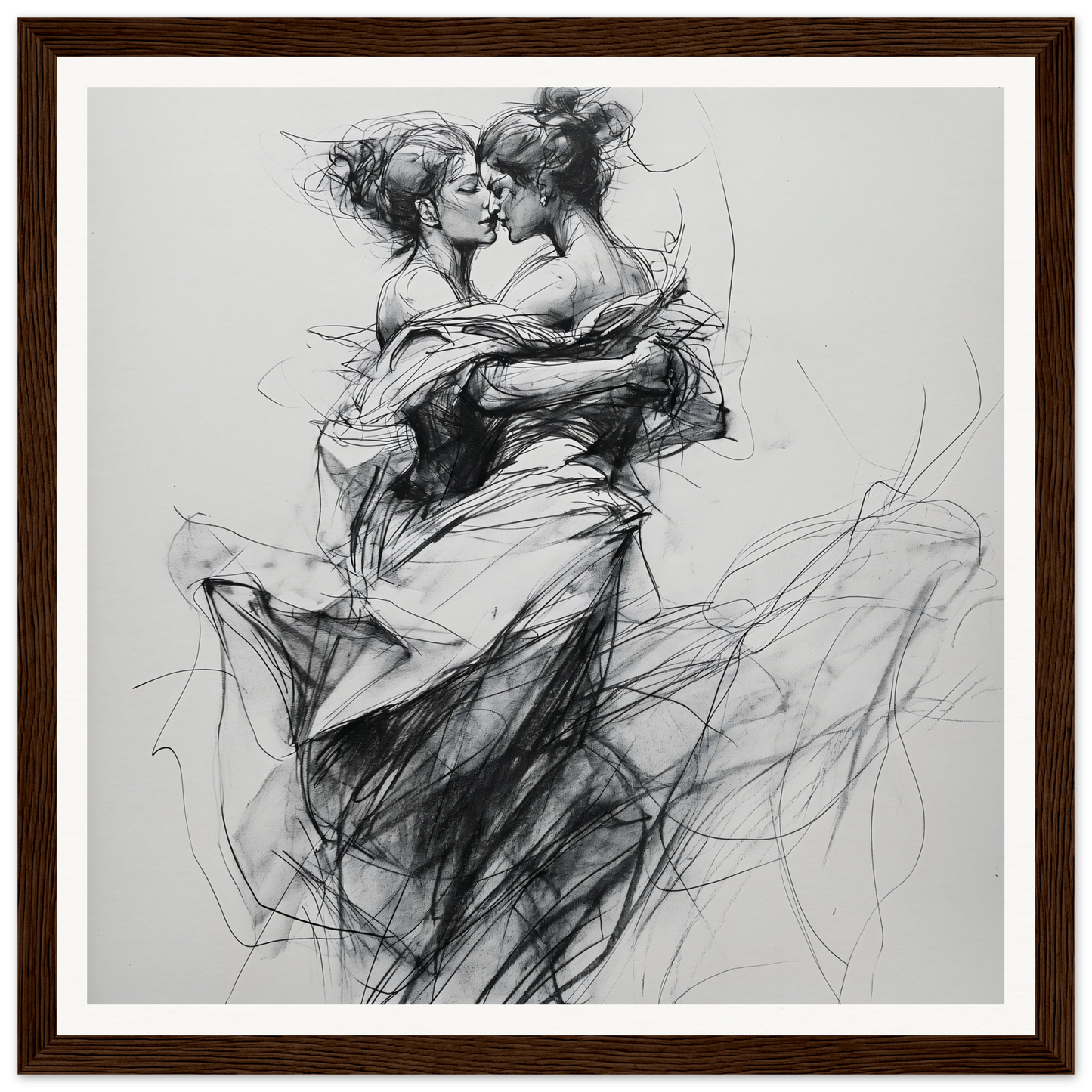 Charcoal sketch of dancers in embrace, Fluid Embrace Reverie framed wall art