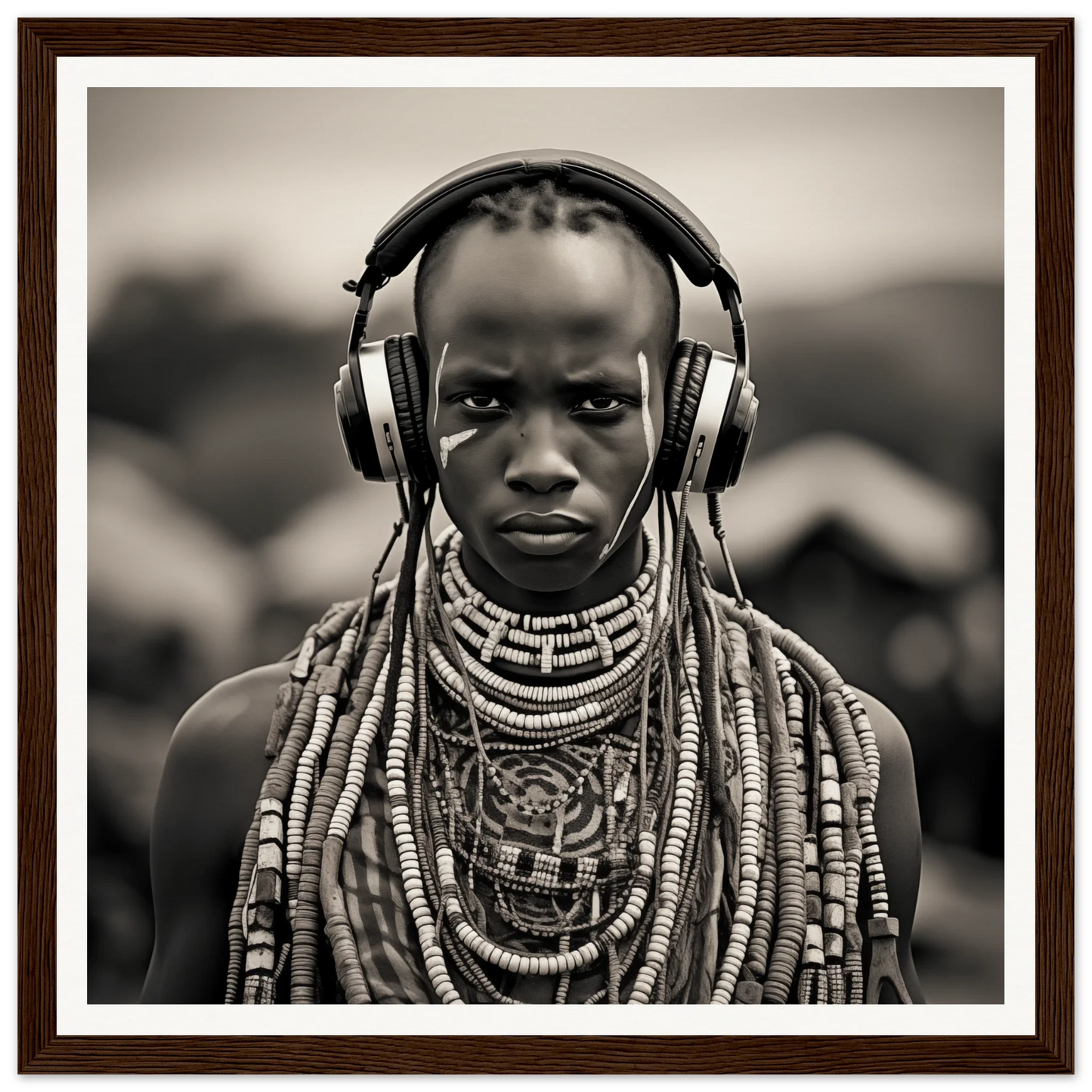 Black and white portrait of tribal jewelry and modern headphones for Headphones & Heritage