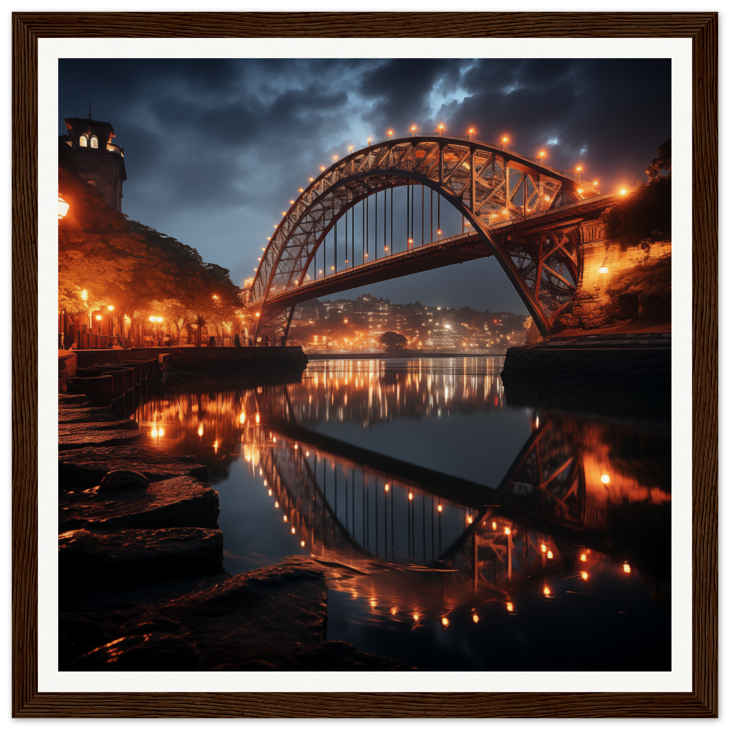 Illuminated steel arch bridge reflection in calm water for Lucid Lightways framed art
