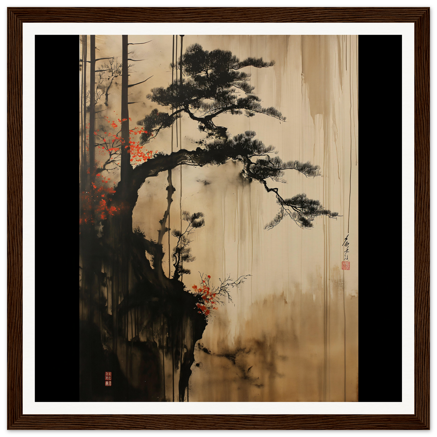 Luminous Pine Solitude with a pine tree on a rocky cliff and autumn foliage
