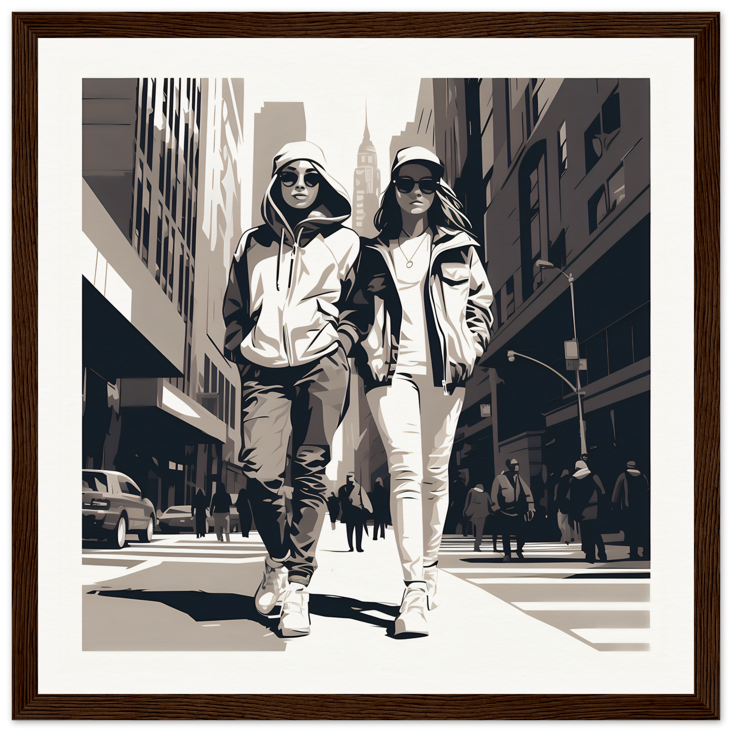Two people in casual streetwear stroll through a city for Metropolis Footprints Drifting
