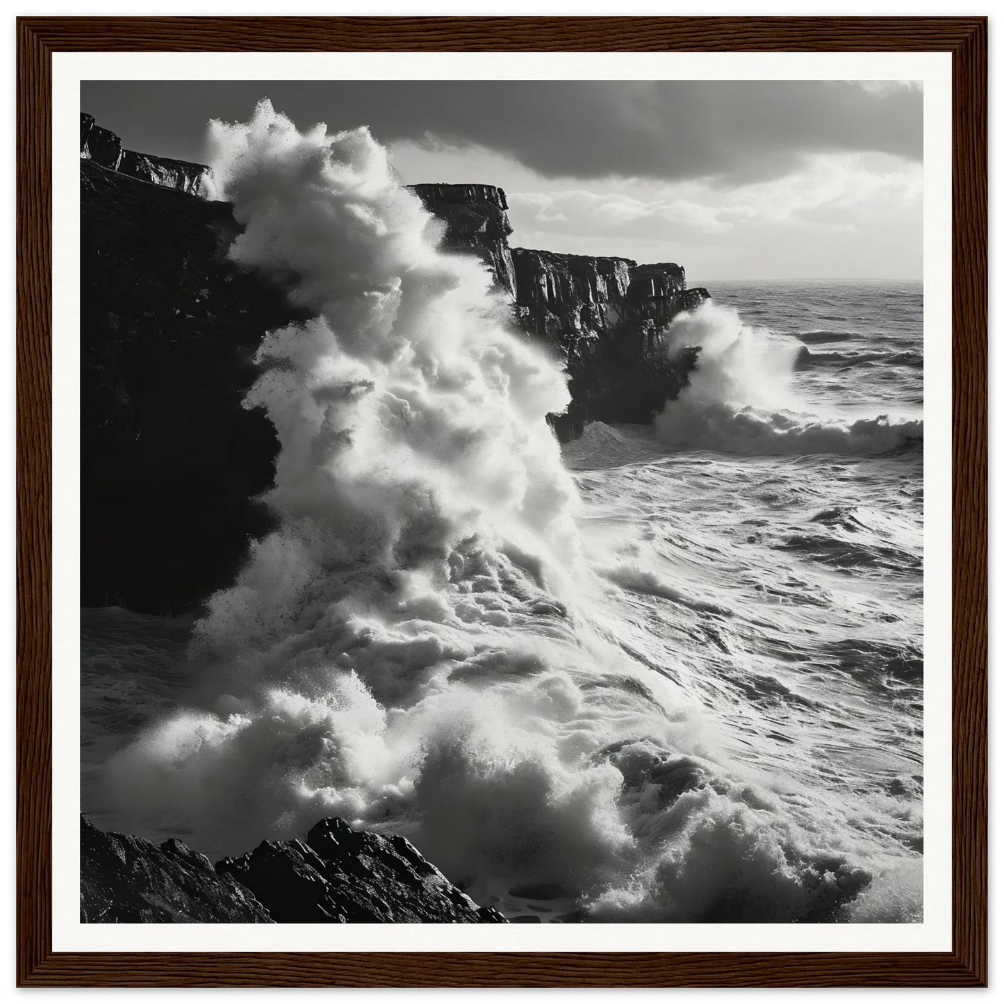 Powerful ocean waves crashing on dark cliffs in Oceanic Thunder Locks framed poster