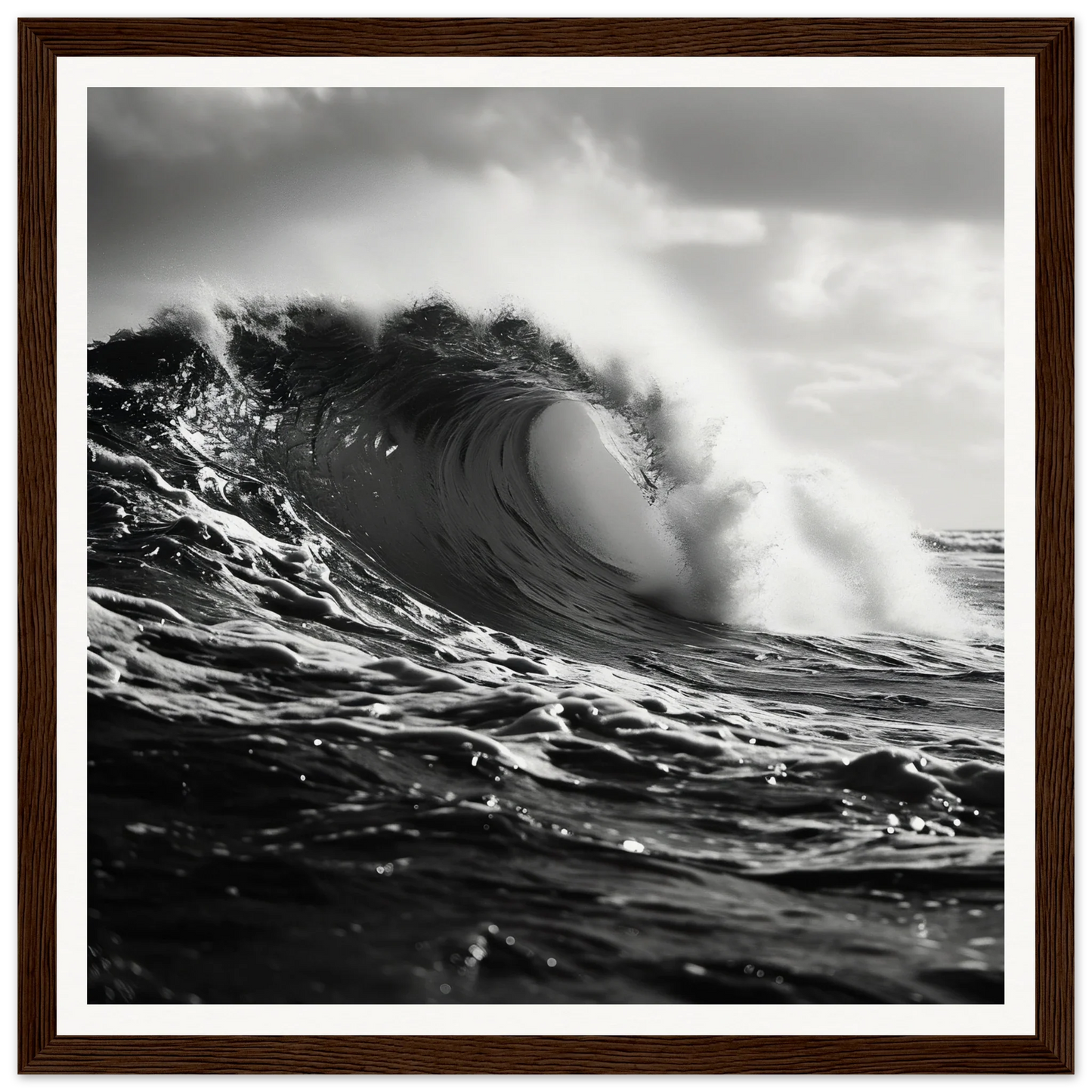 Powerful ocean wave curling into a barrel shape in Tidal Convergence Whisper framed wall art