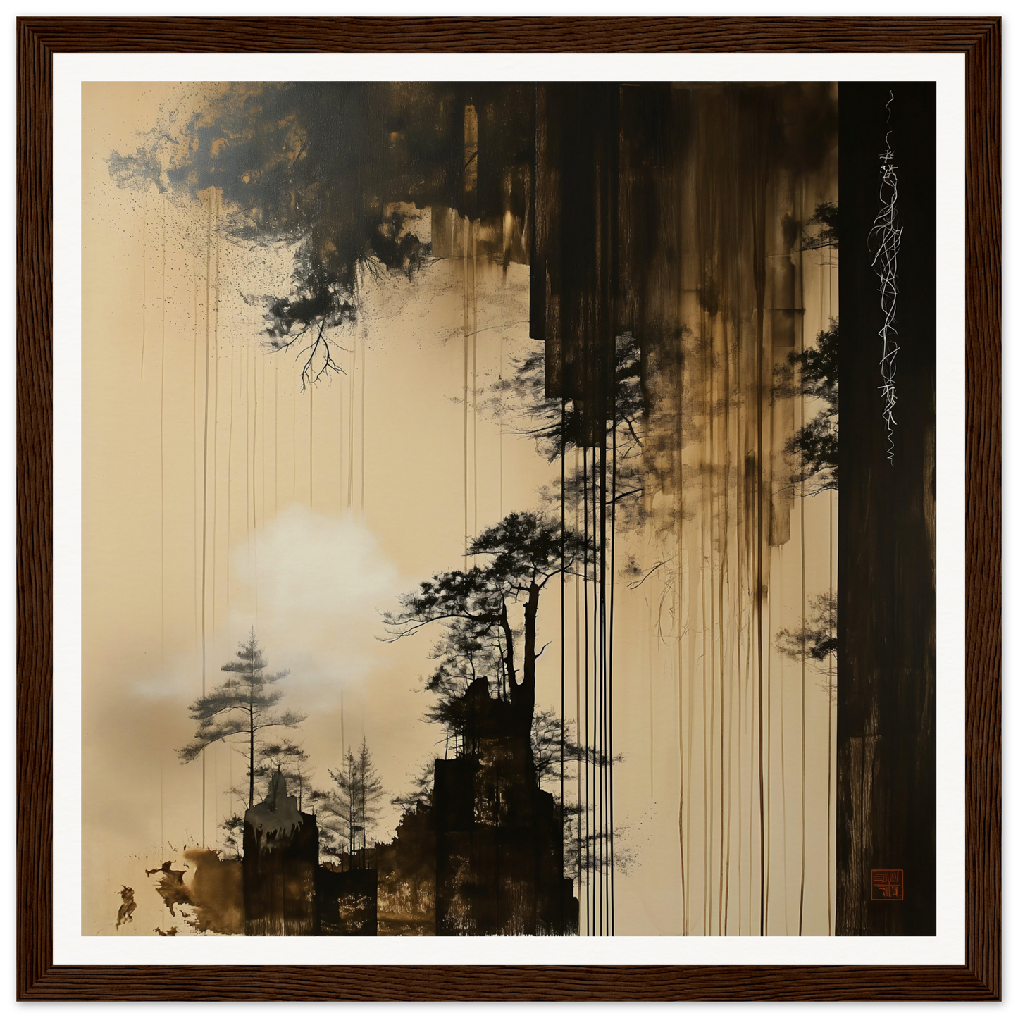 Silhouetted pagodas and pine trees in Timeless Ink Grove with a misty moonlit backdrop