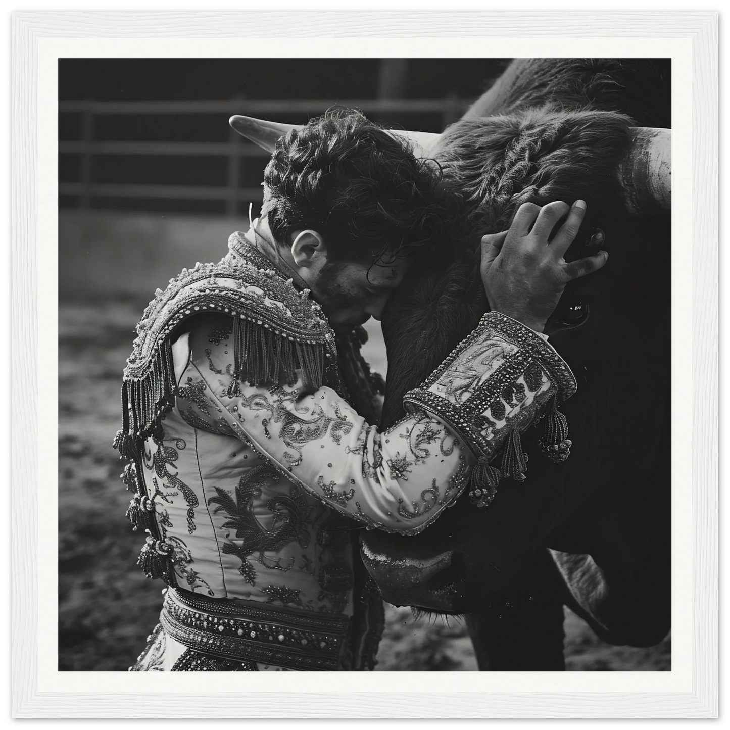 Matador in embroidered jacket facing a bull in Bullring Reverie Communion framed poster