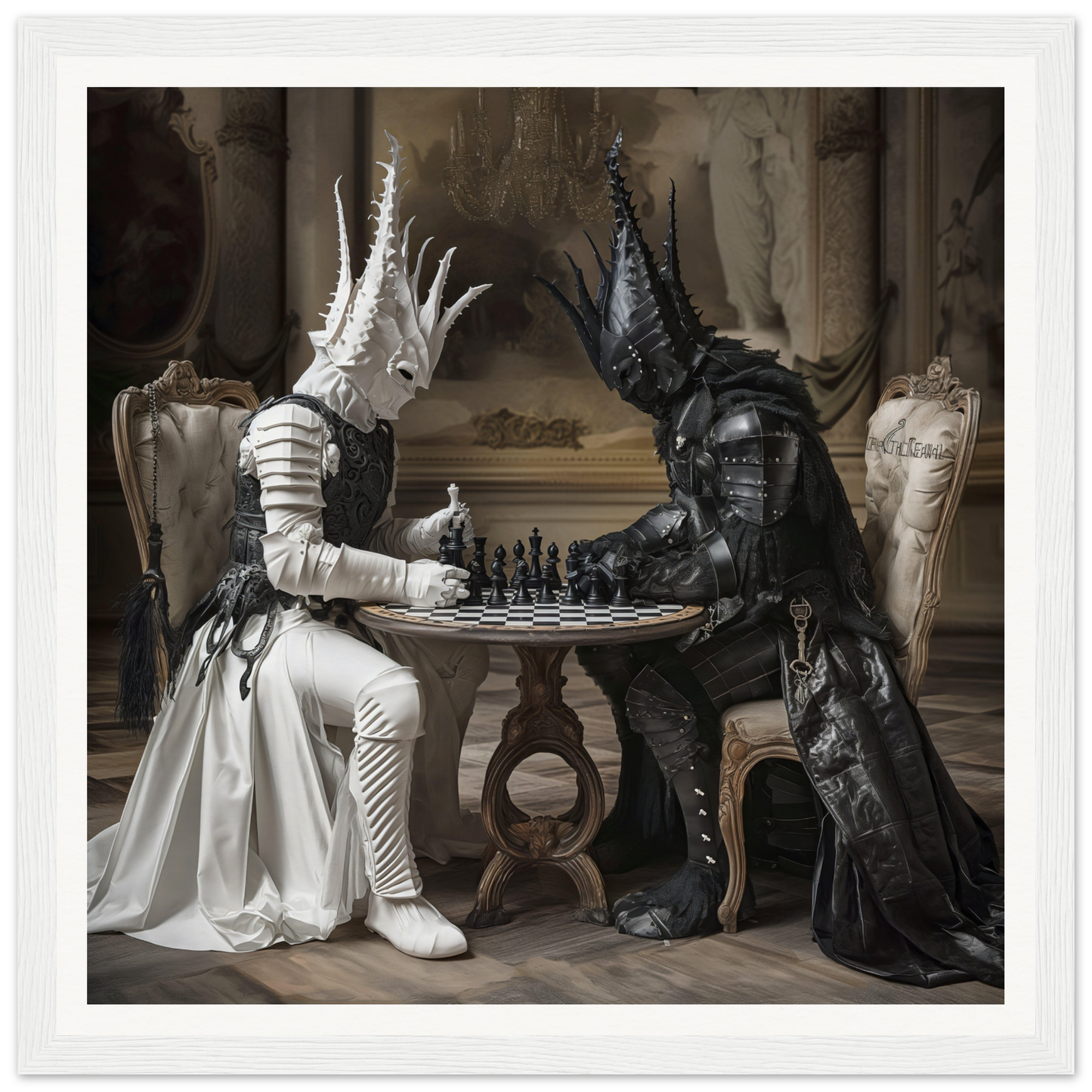 Two armored figures in black and white playing chess from Chessmen Mystics’ Duel