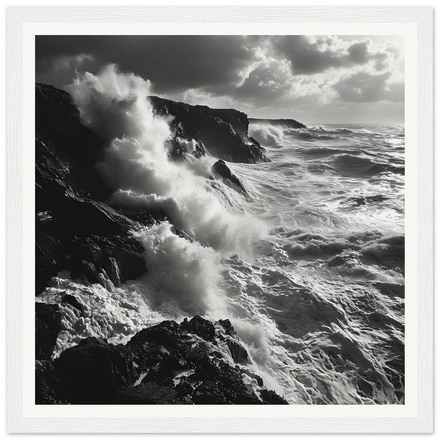 Powerful ocean waves crashing on cliffs in Craggy Surf Duel special edition art™