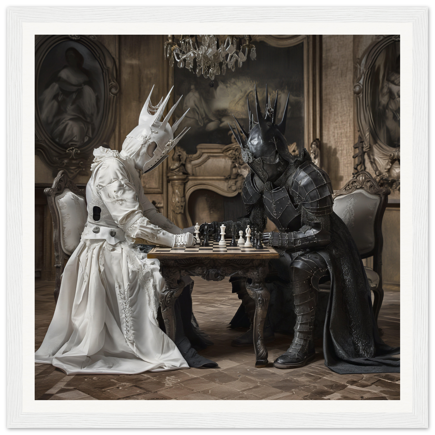 Two armored figures in black and white facing off in the Eternal Chess Struggle art™