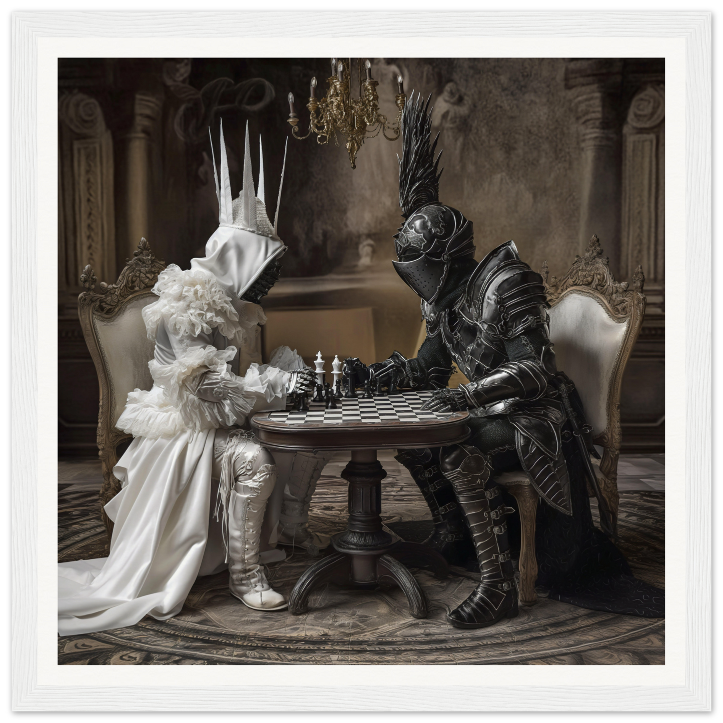 Two armored figures battling in chess at an ornate table in Eternal Mind Duel art™