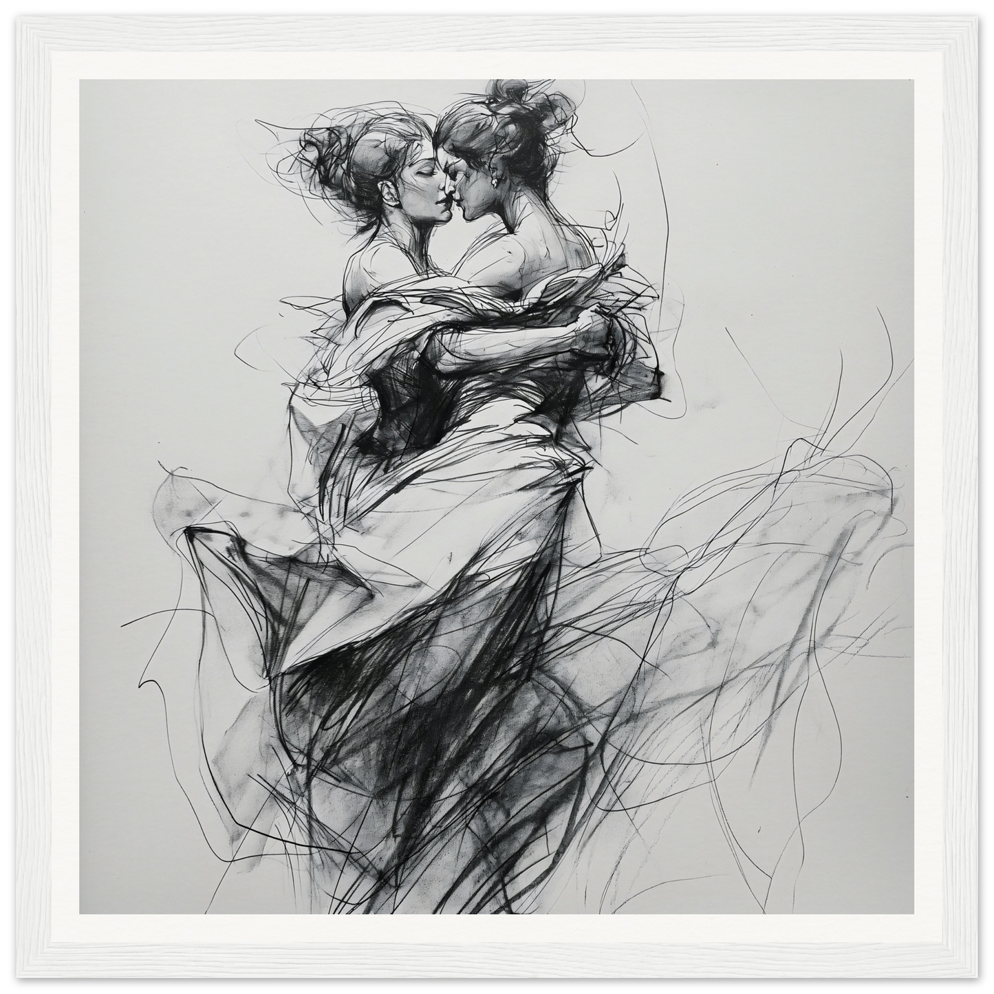 Expressive charcoal sketch of dancers in fluid embrace reverie framed wall art