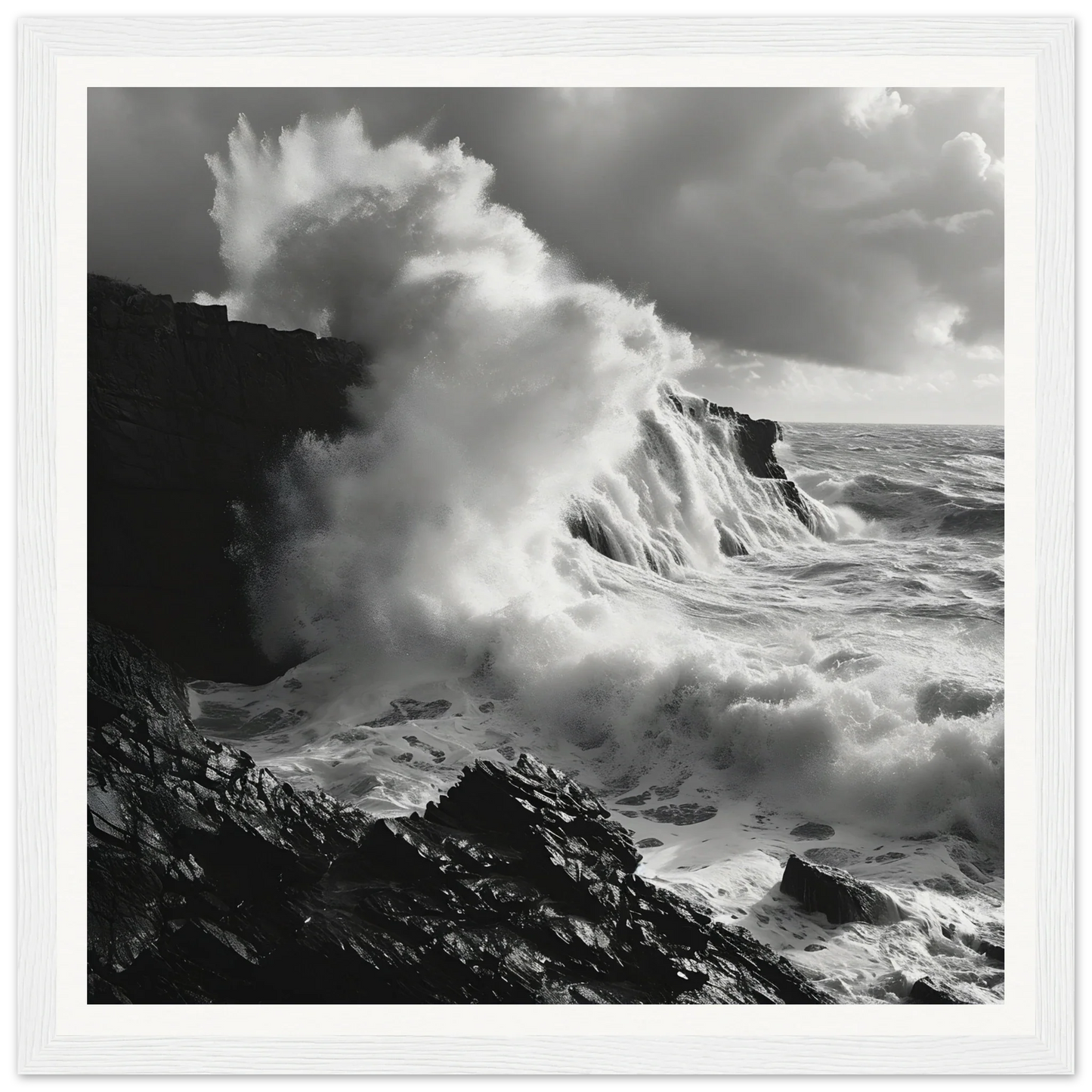 Powerful ocean wave crashing on rocky cliffs in Foamy Abyss Wails special edition art