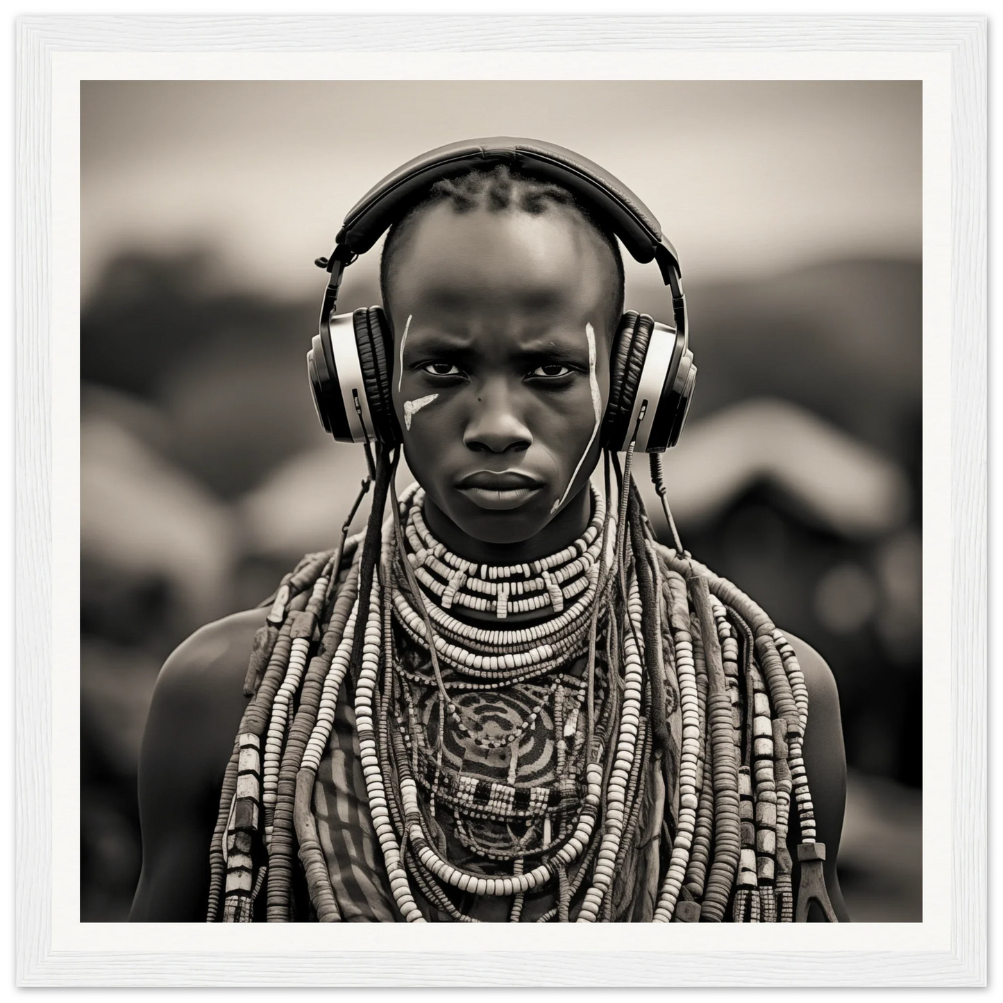 Black and white portrait blending traditional African jewelry with headphones & heritage design