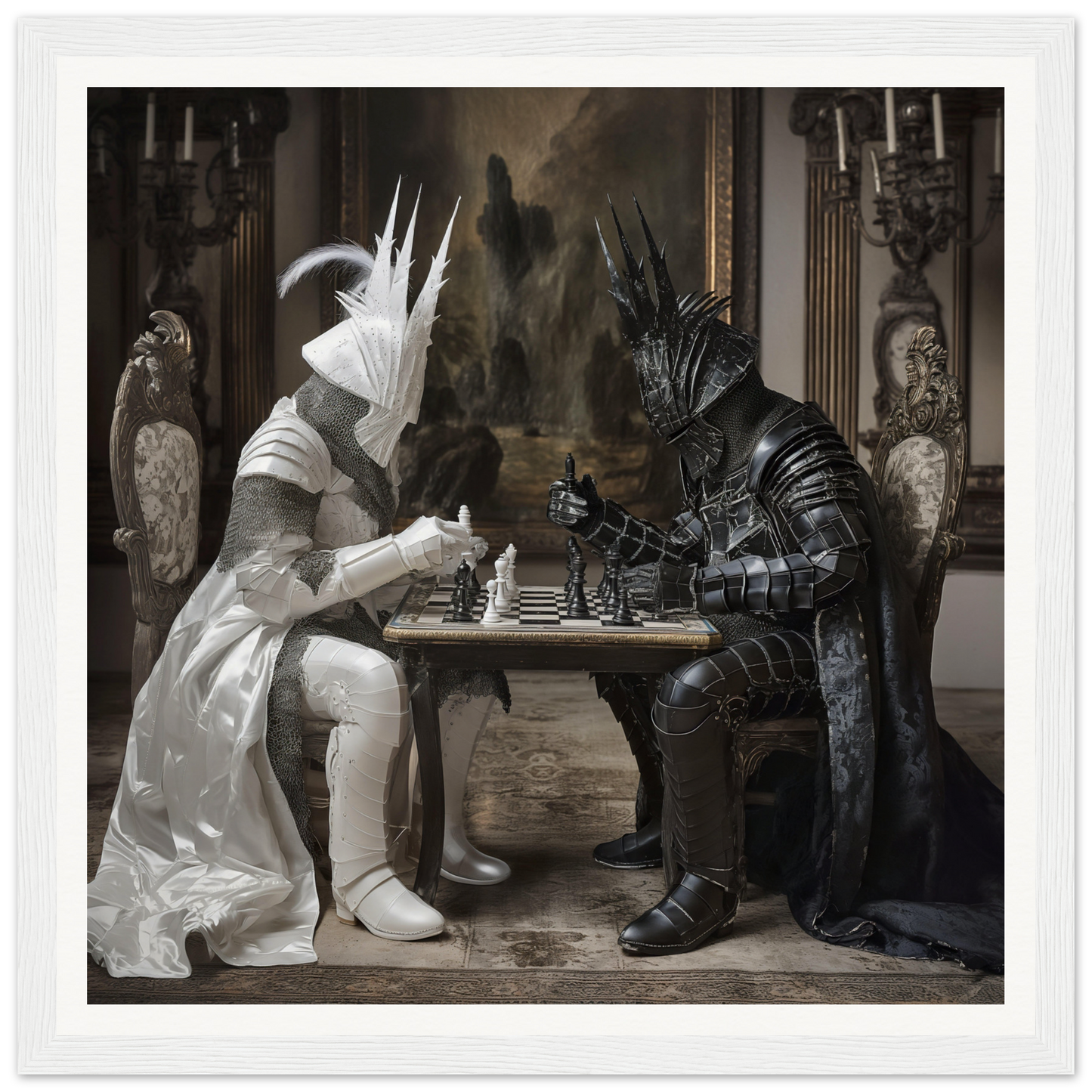 Two armored knights engaged in a chess match for Knightly Psyche Duel art™