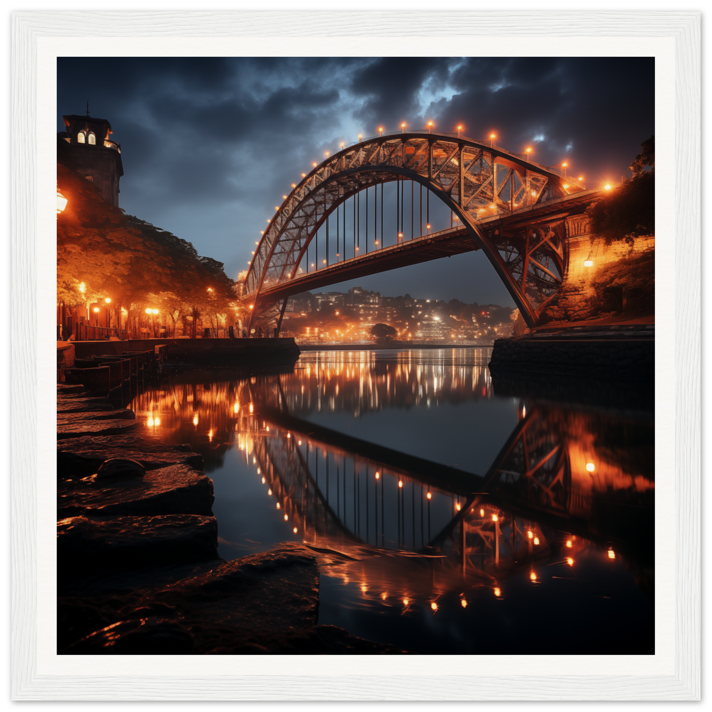 Illuminated steel arch bridge reflecting in water, part of Lucid Lightways framed bridge art