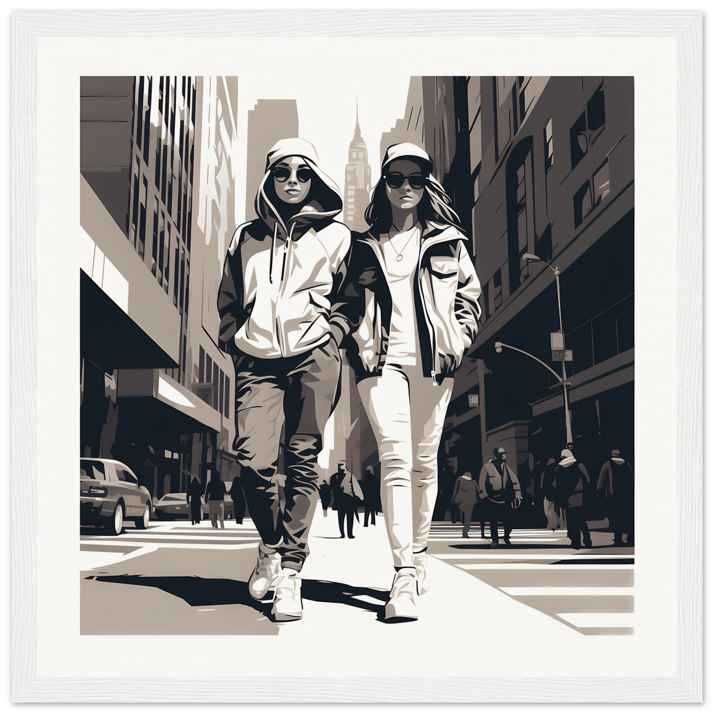 Two friends in casual streetwear on a city street, showcasing Metropolis Footprints Drifting
