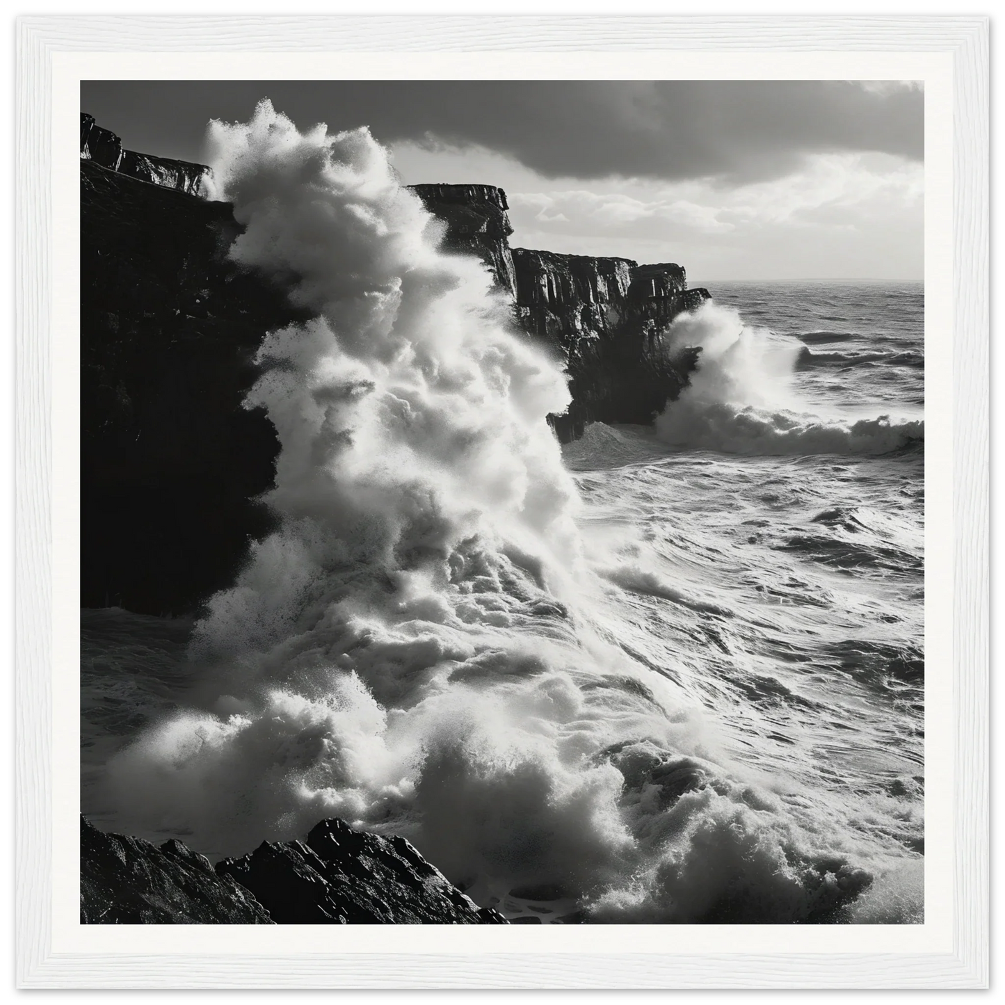Powerful ocean waves crash on dark cliffs in Oceanic Thunder Locks framed poster