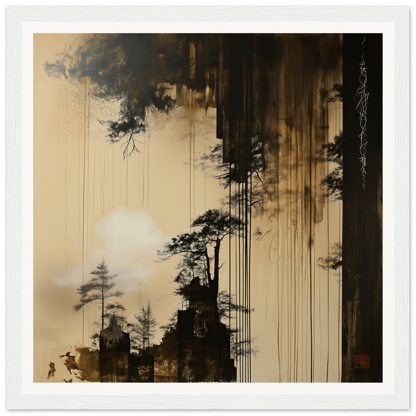 Silhouetted pine trees in a misty sepia sky from Timeless Ink Grove collection