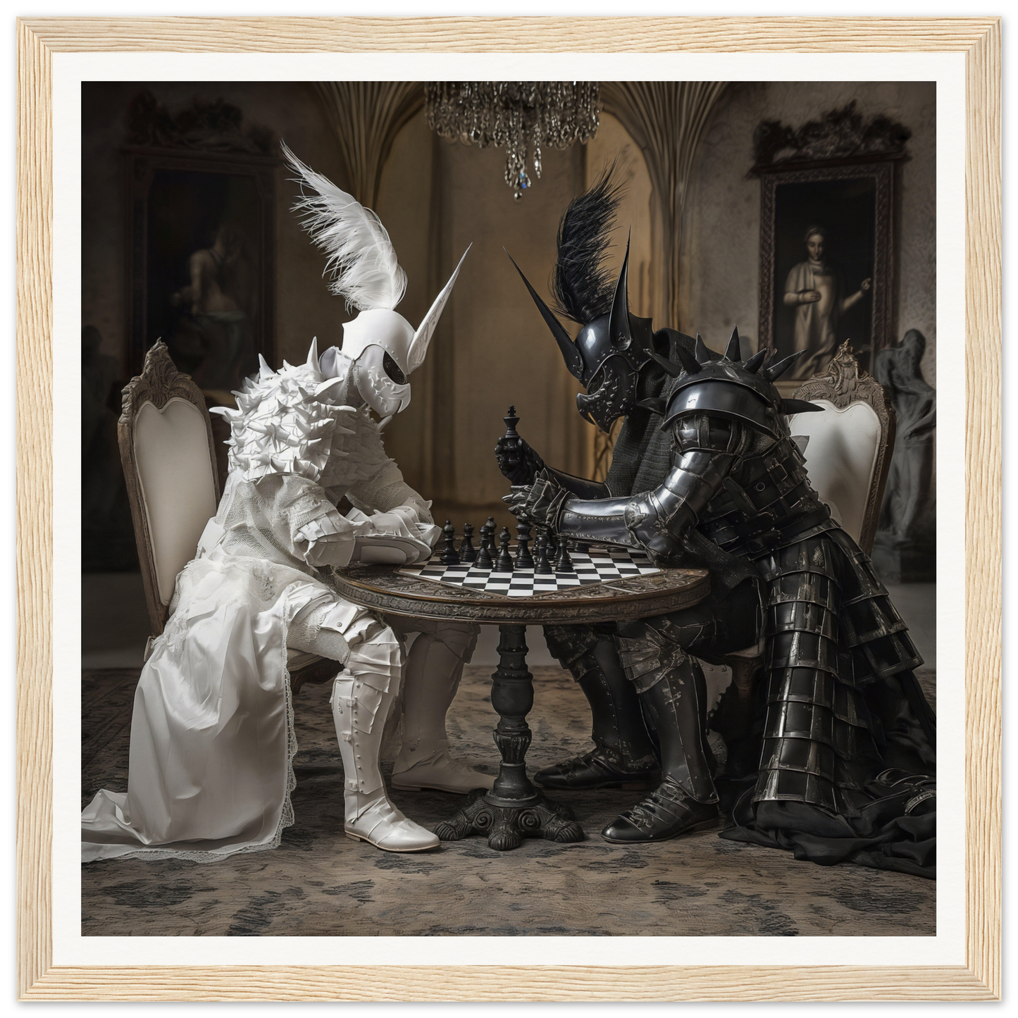 Two armored figures engaged in chess at a round table for Armor’s Silent Gambit art™
