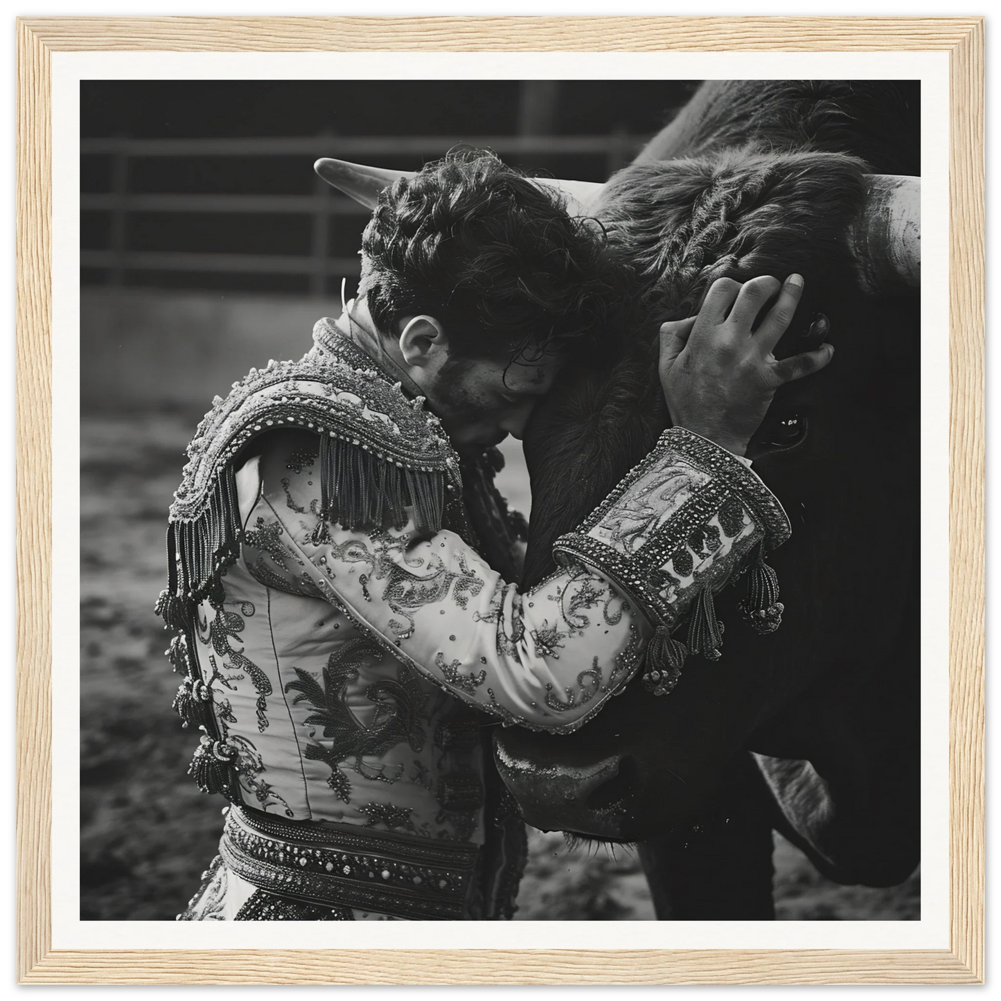 Matador in embroidered jacket embraces bull in Bullring Reverie Communion framed poster