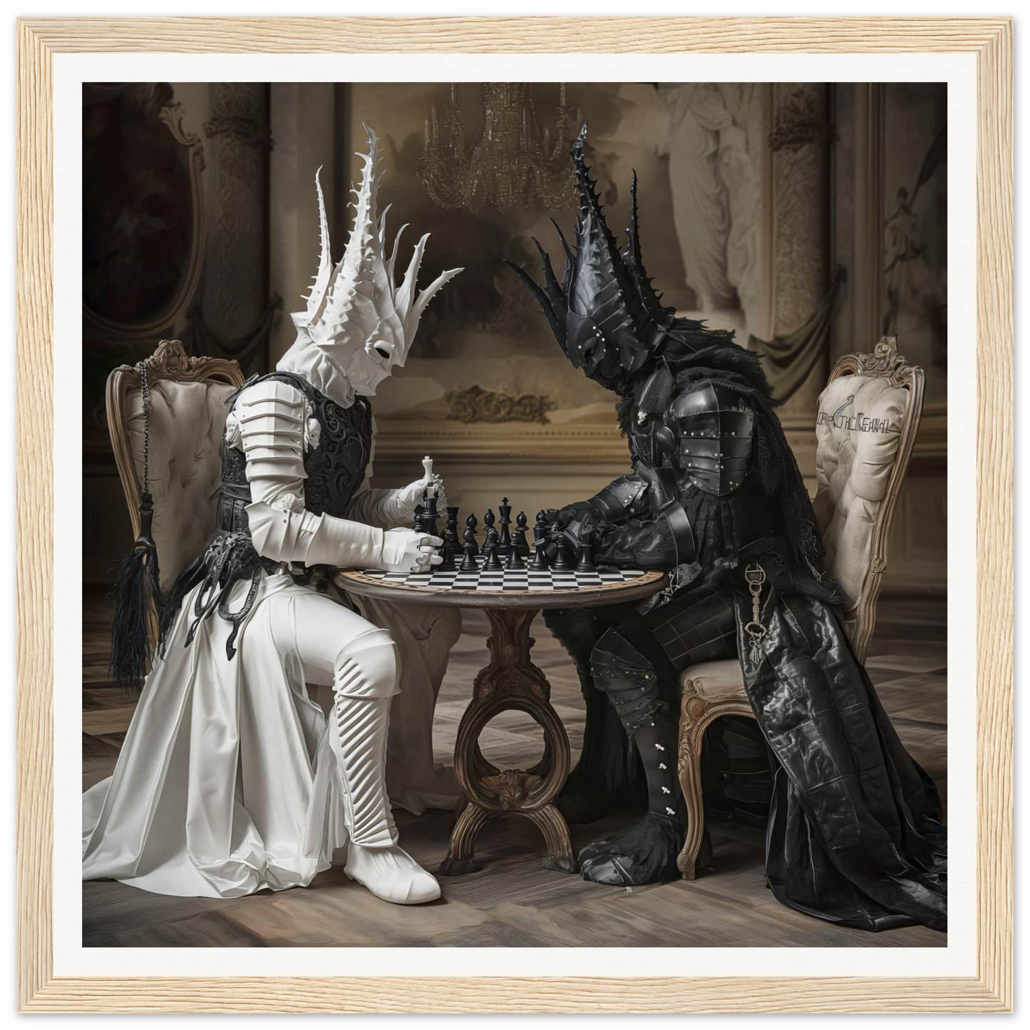 Two armored figures in black and white costumes play chess in Chessmen Mystics’ Duel