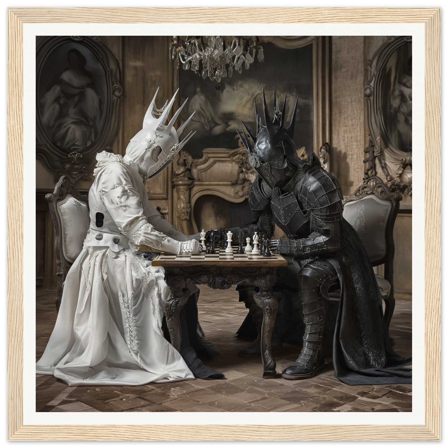Two armored figures in black and white battling in Eternal Chess Struggle framed poster