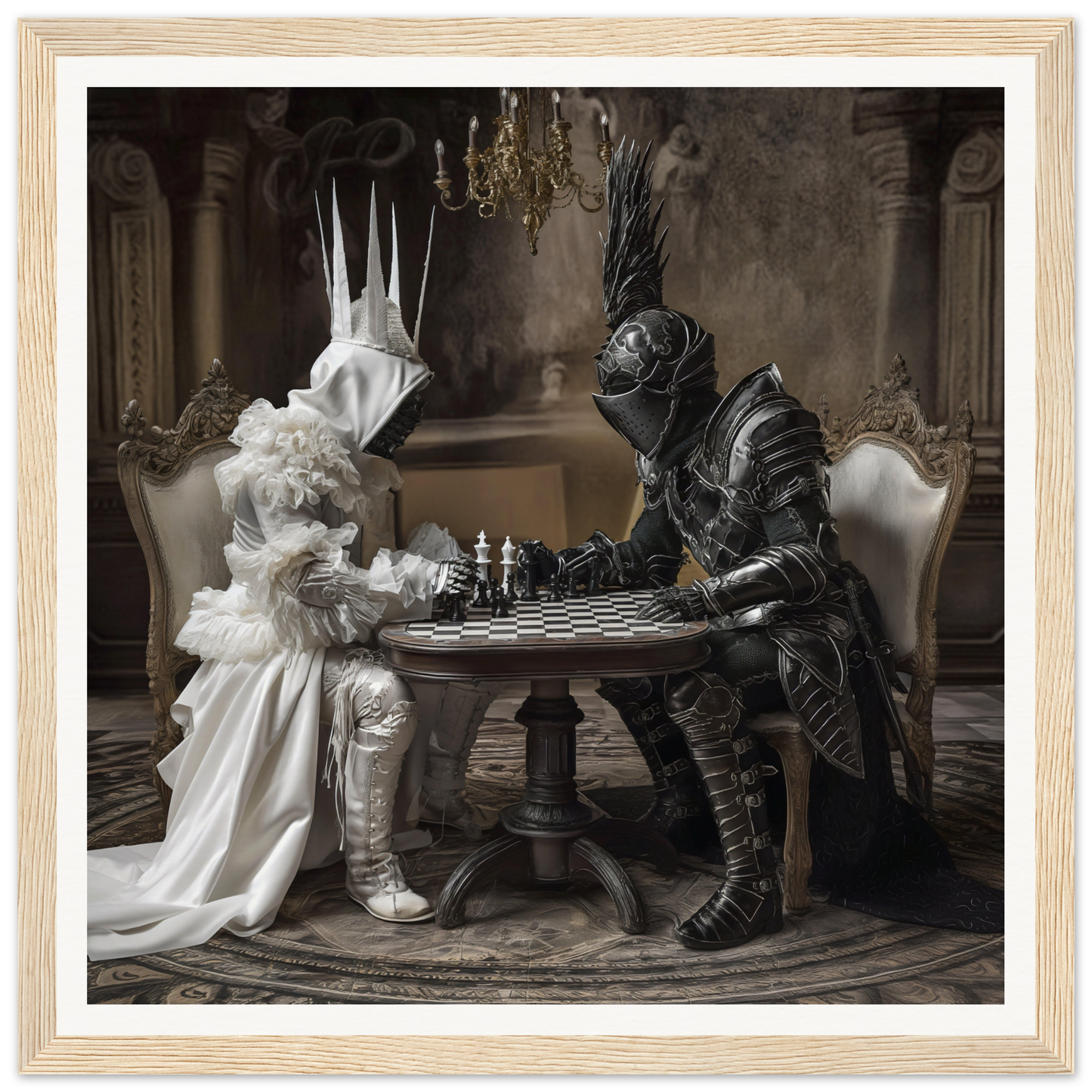 Two armored figures engaged in an Eternal Mind Duel chess match at an ornate table