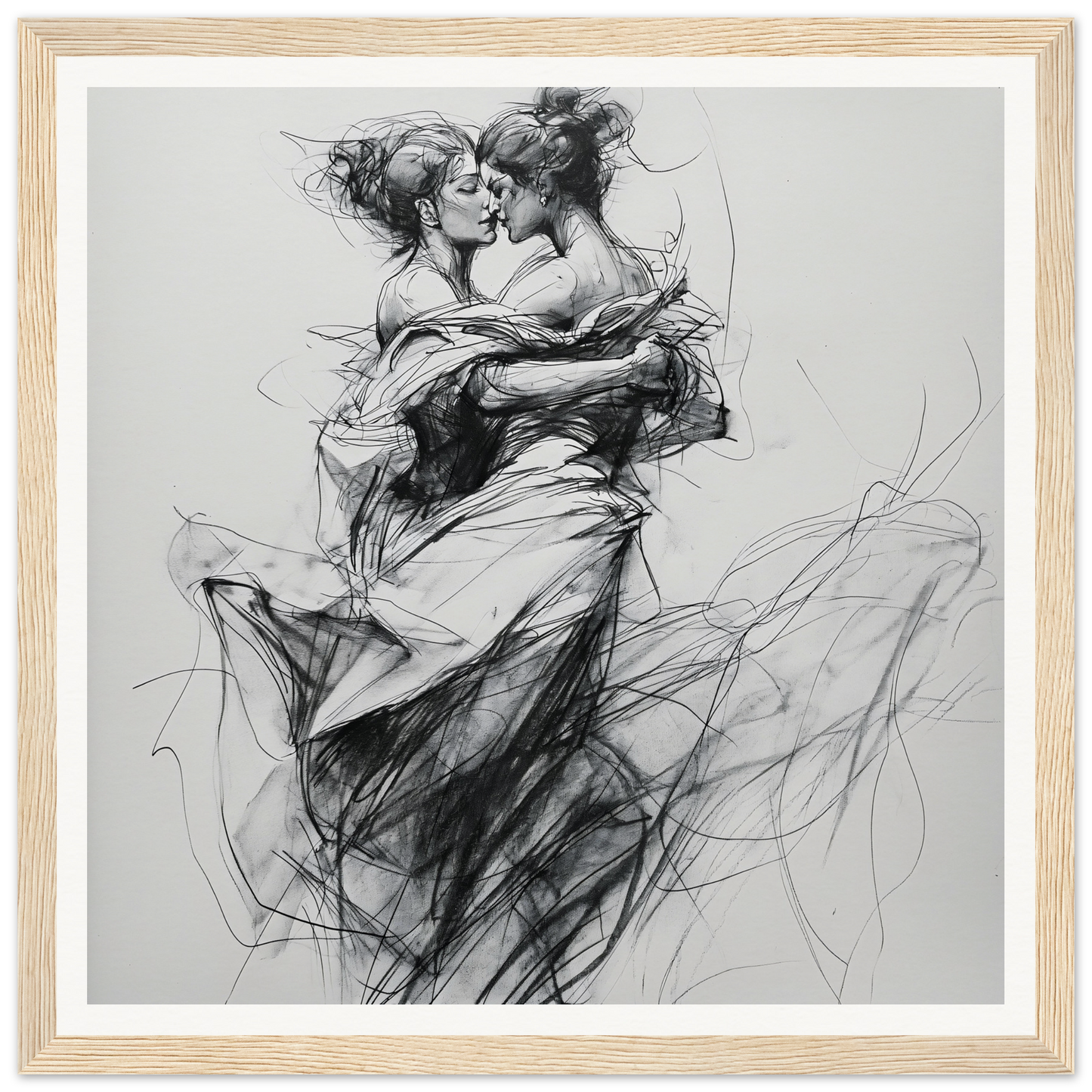 Passionate charcoal sketch of dancers in an intimate embrace, Fluid Embrace Reverie art