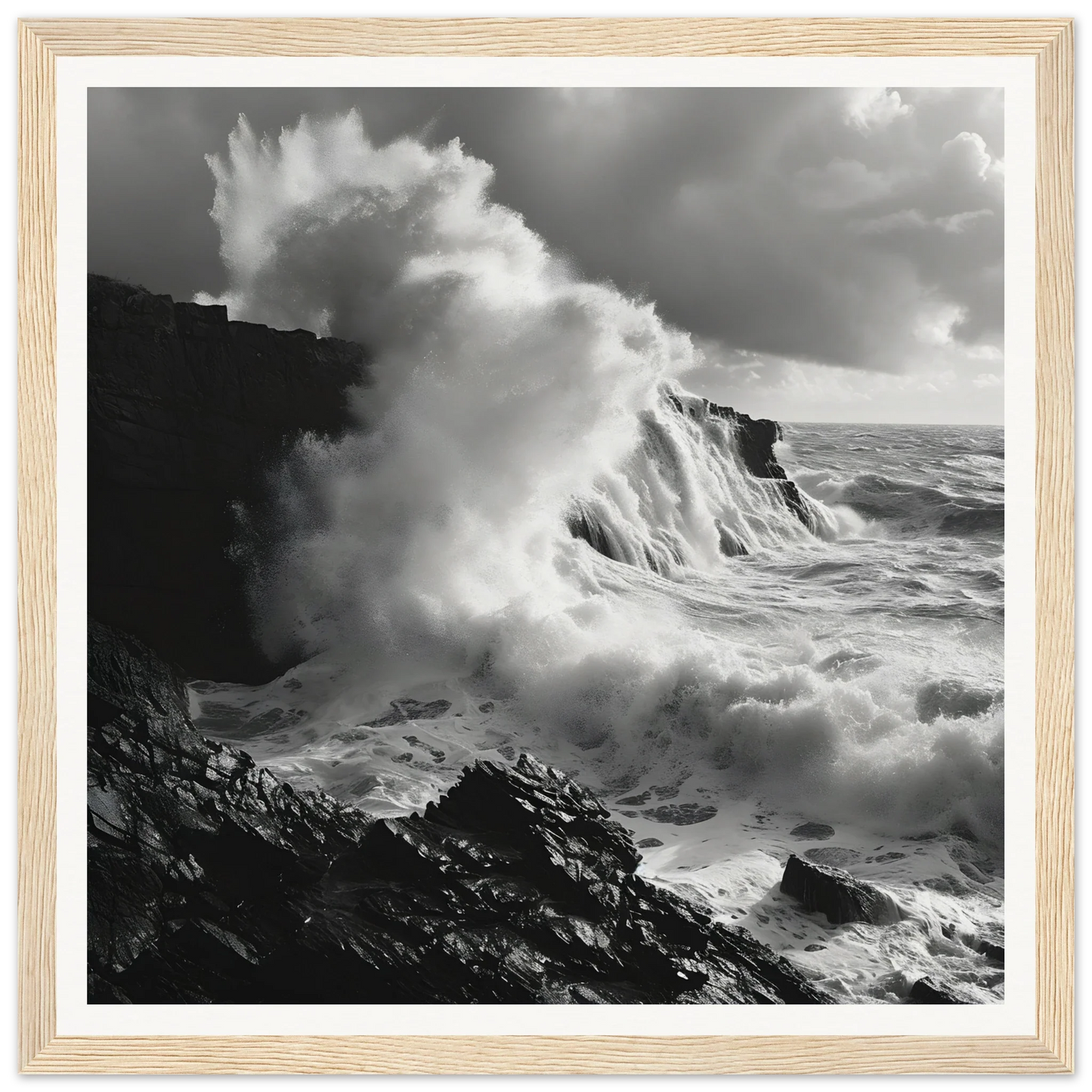 Powerful ocean waves crashing on rocky cliffs in Foamy Abyss Wails special edition art