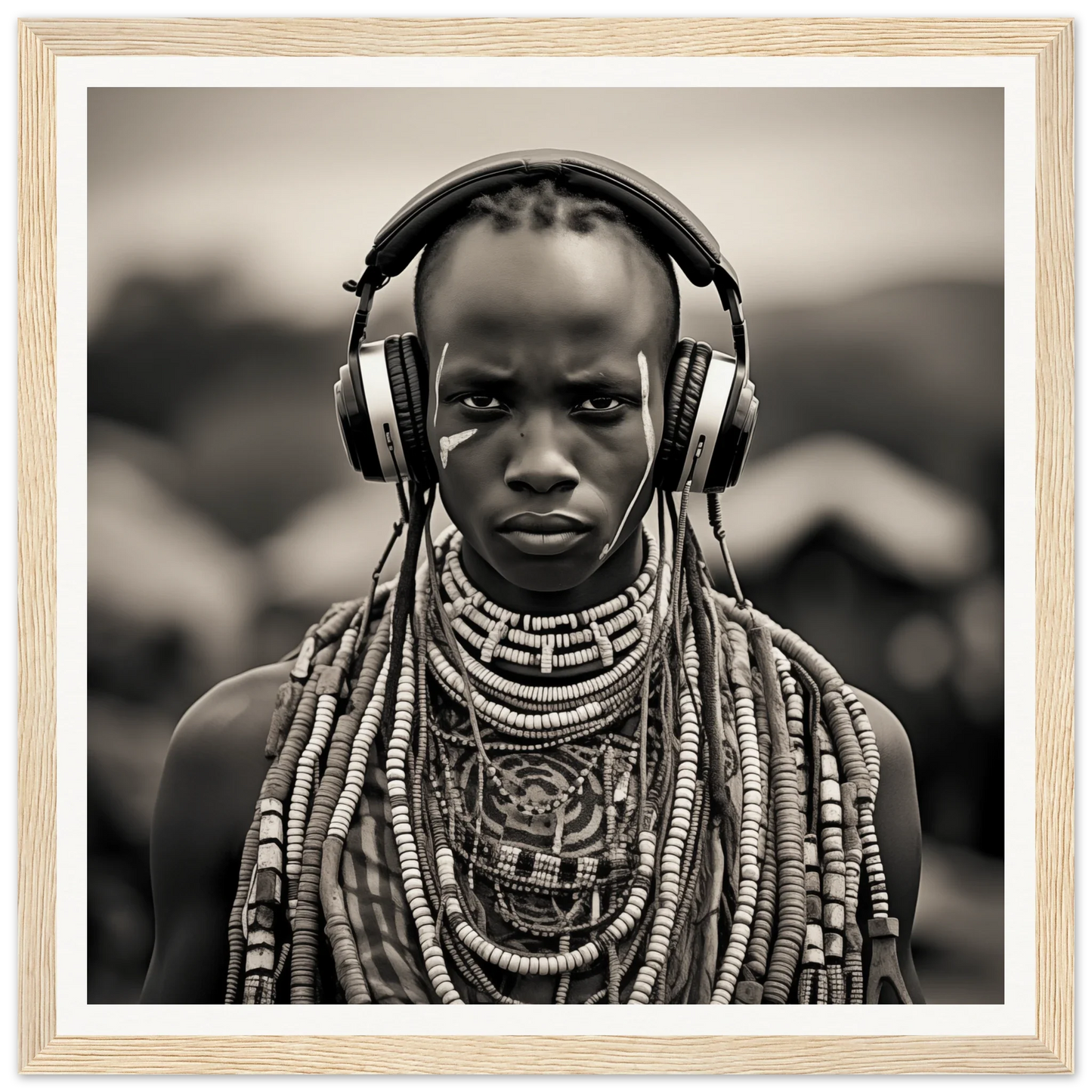 Black and white portrait of tribal jewelry with headphones in Headphones & Heritage art