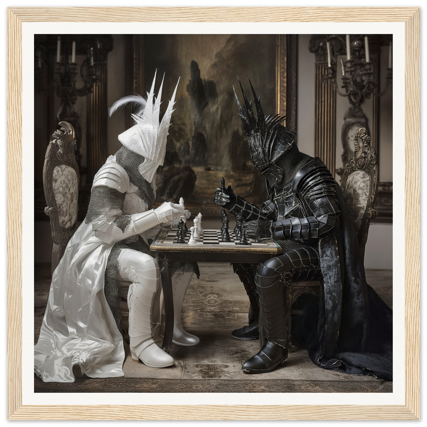 Two armored figures in a Knightly Psyche Duel playing chess at a small table
