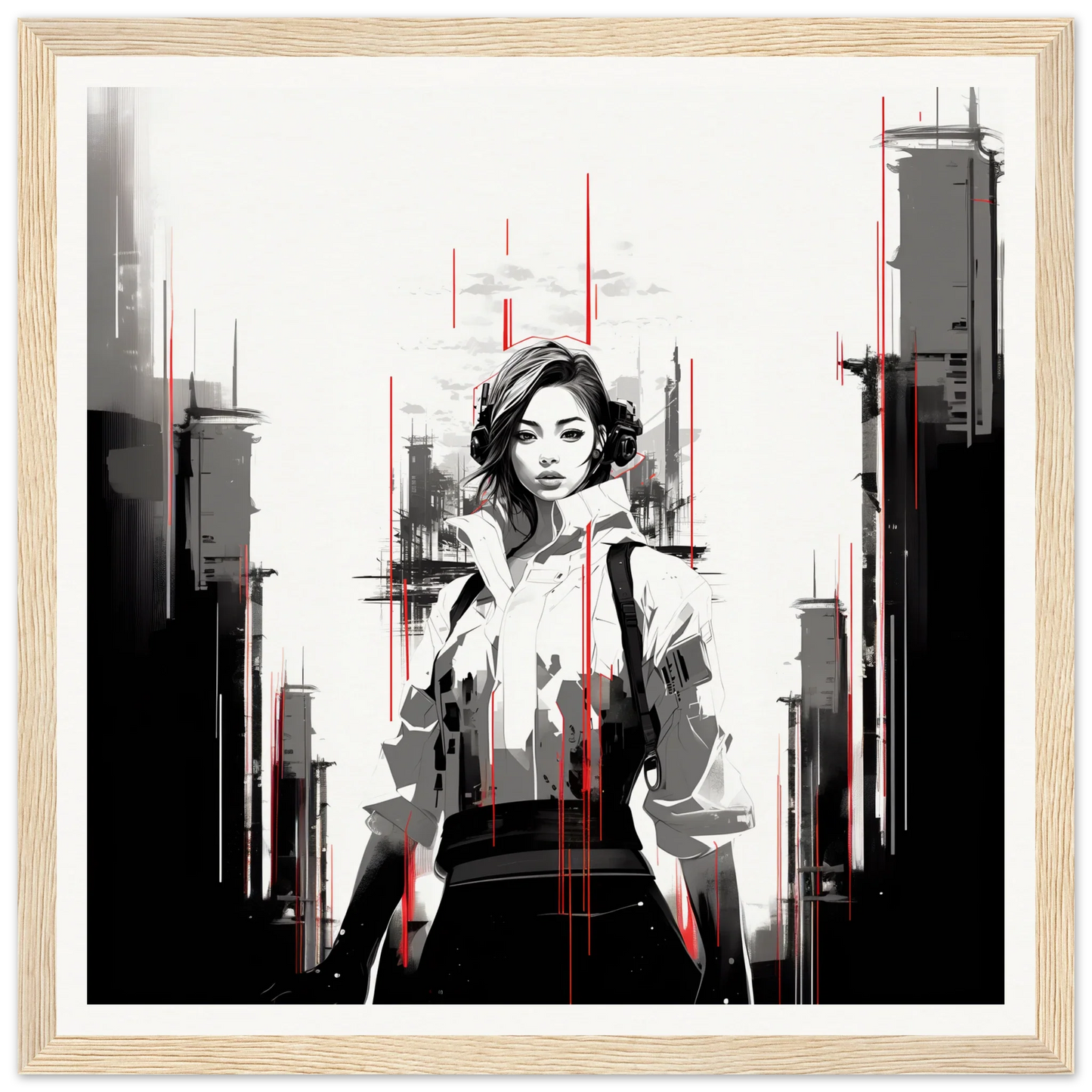 Stylized black and white art with red accents featuring urban fashion, Mono City Electric