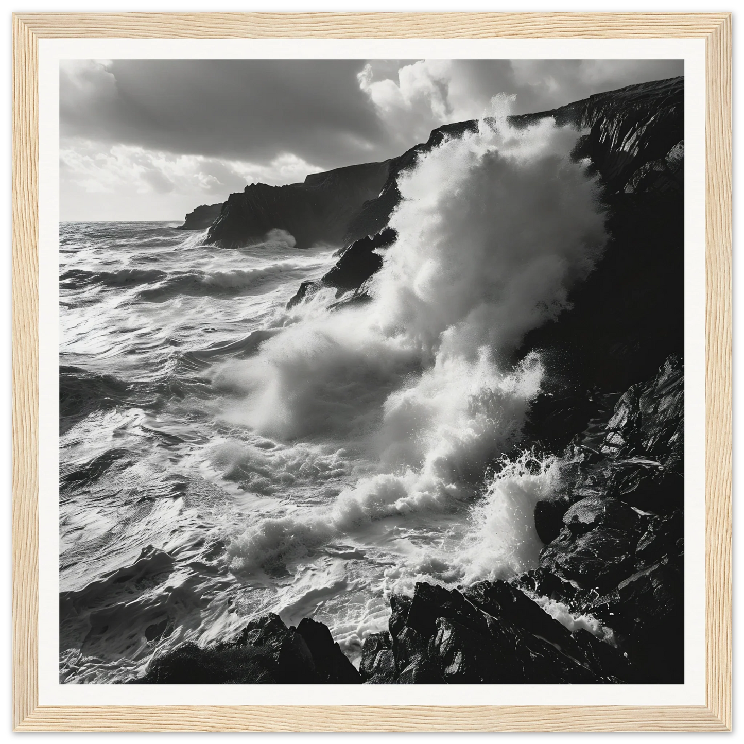 Powerful ocean waves crashing on cliffs in black and white for Oceanic Reverie Clash