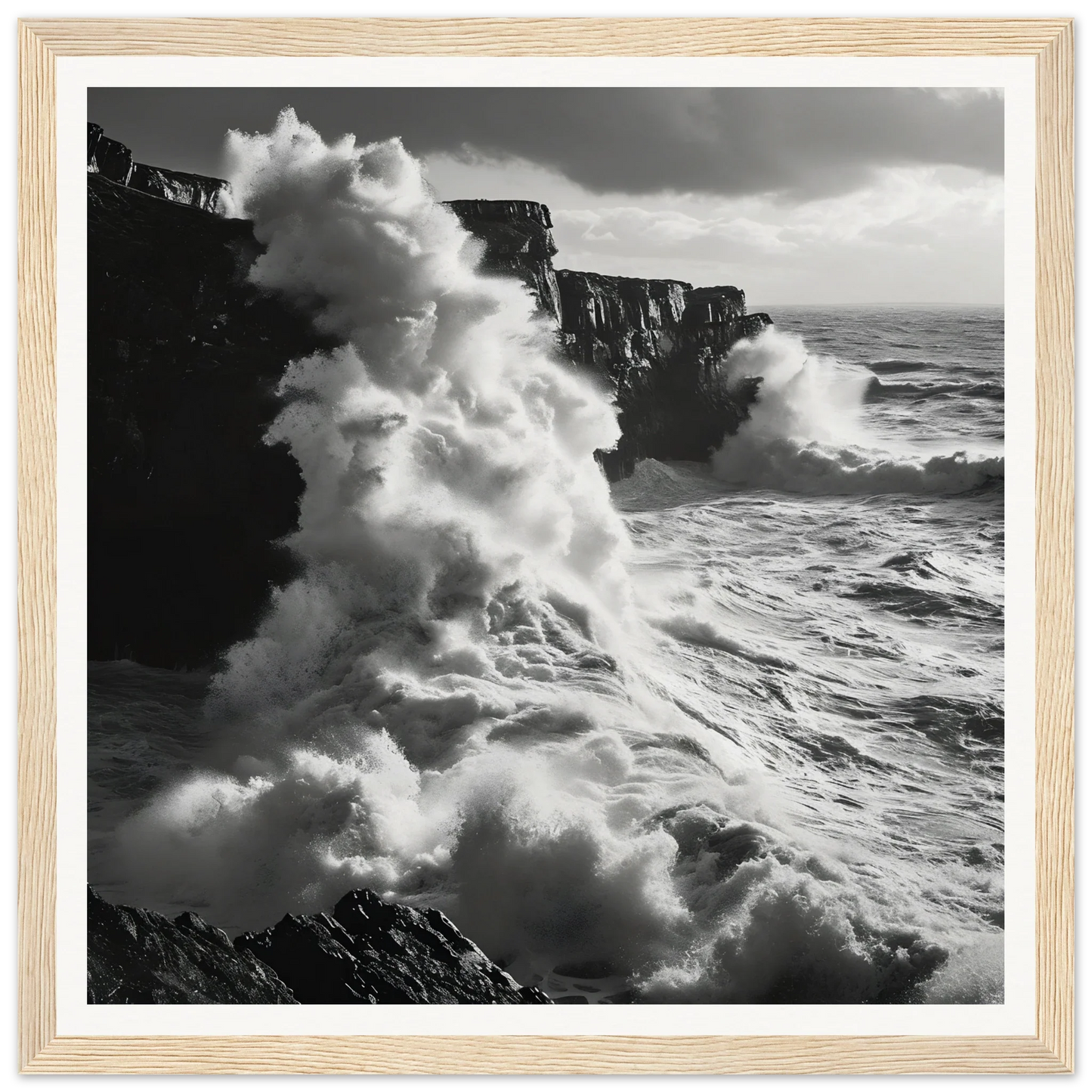 Powerful ocean waves crashing on cliffs in Oceanic Thunder Locks framed posters