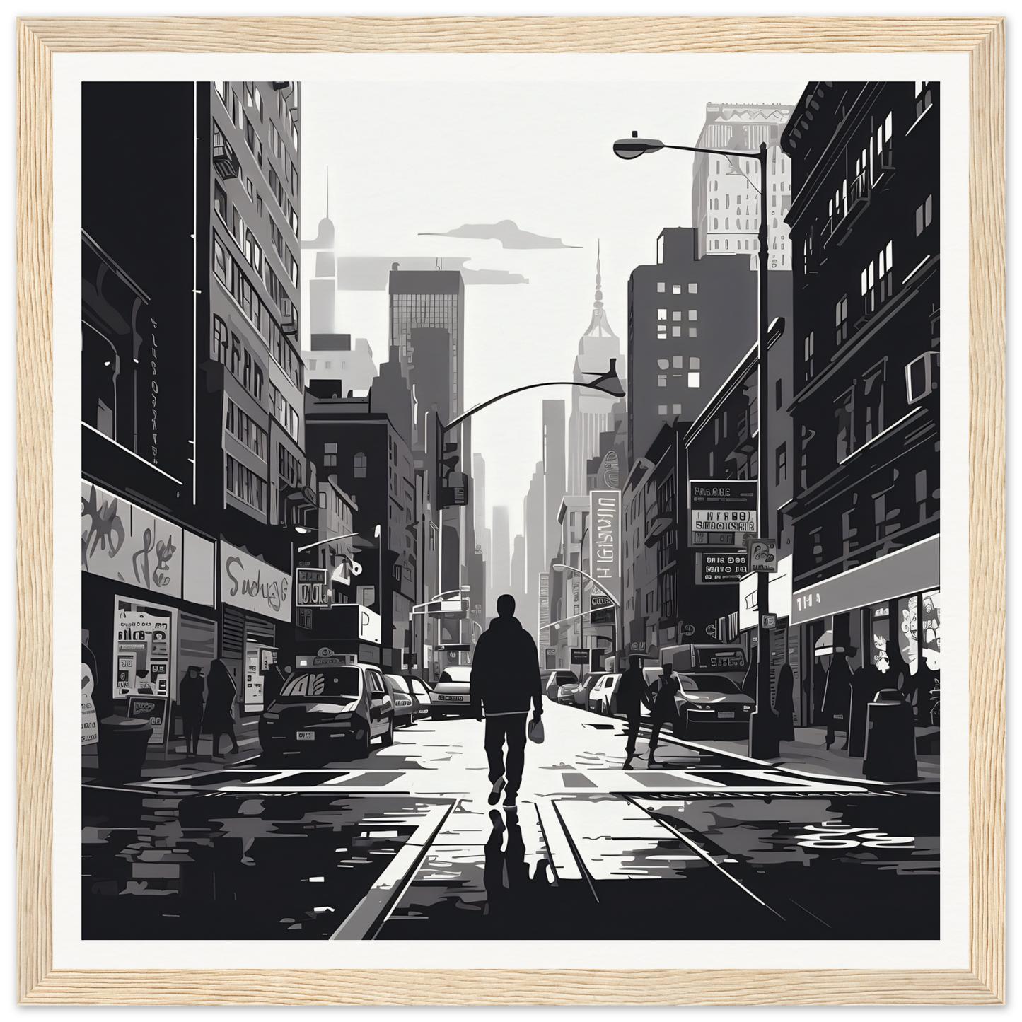 Silhouetted figure strolling down a city street in Solitude Charms Silhouettes art