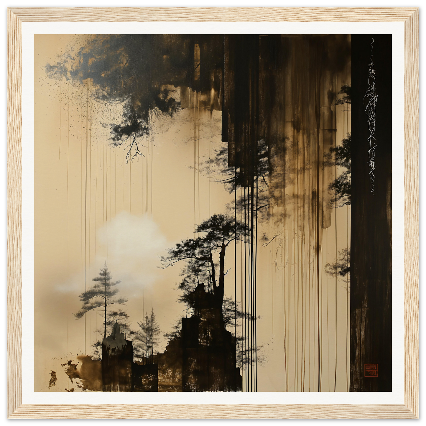 Silhouetted pine trees in a misty sepia sky from Timeless Ink Grove special edition art™