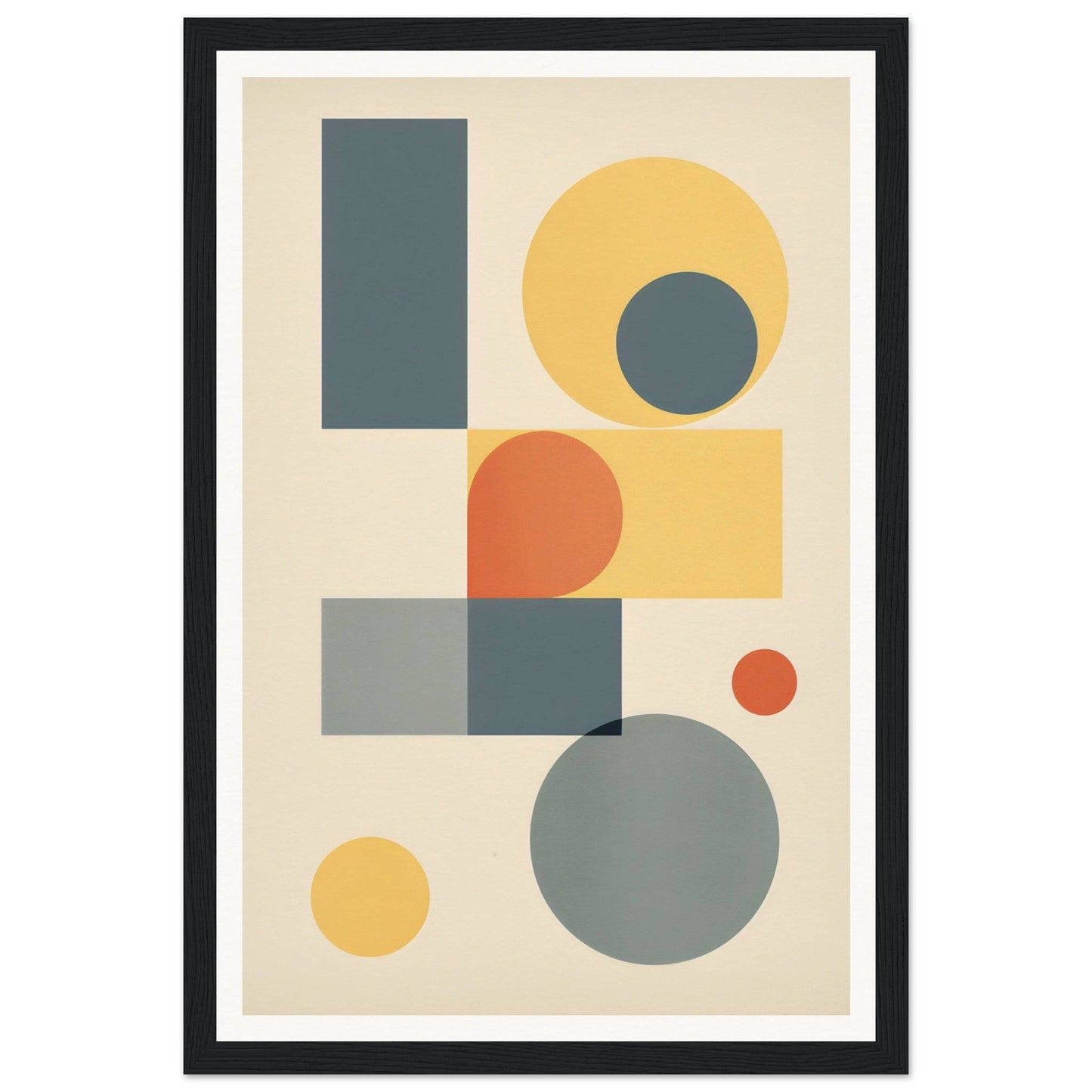 Abstract geometric artwork featuring circles, rectangles, and squares in muted colors.