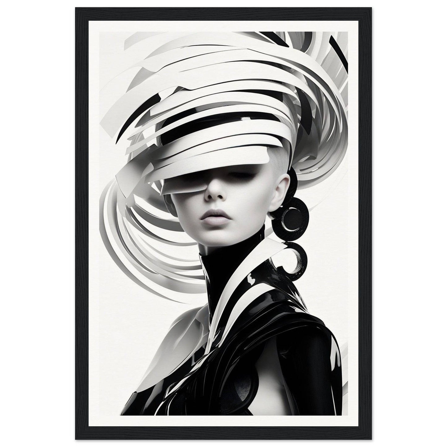 Striking black and white portrait of a person wearing an elaborate, swirling headdress that partially obscures their face.