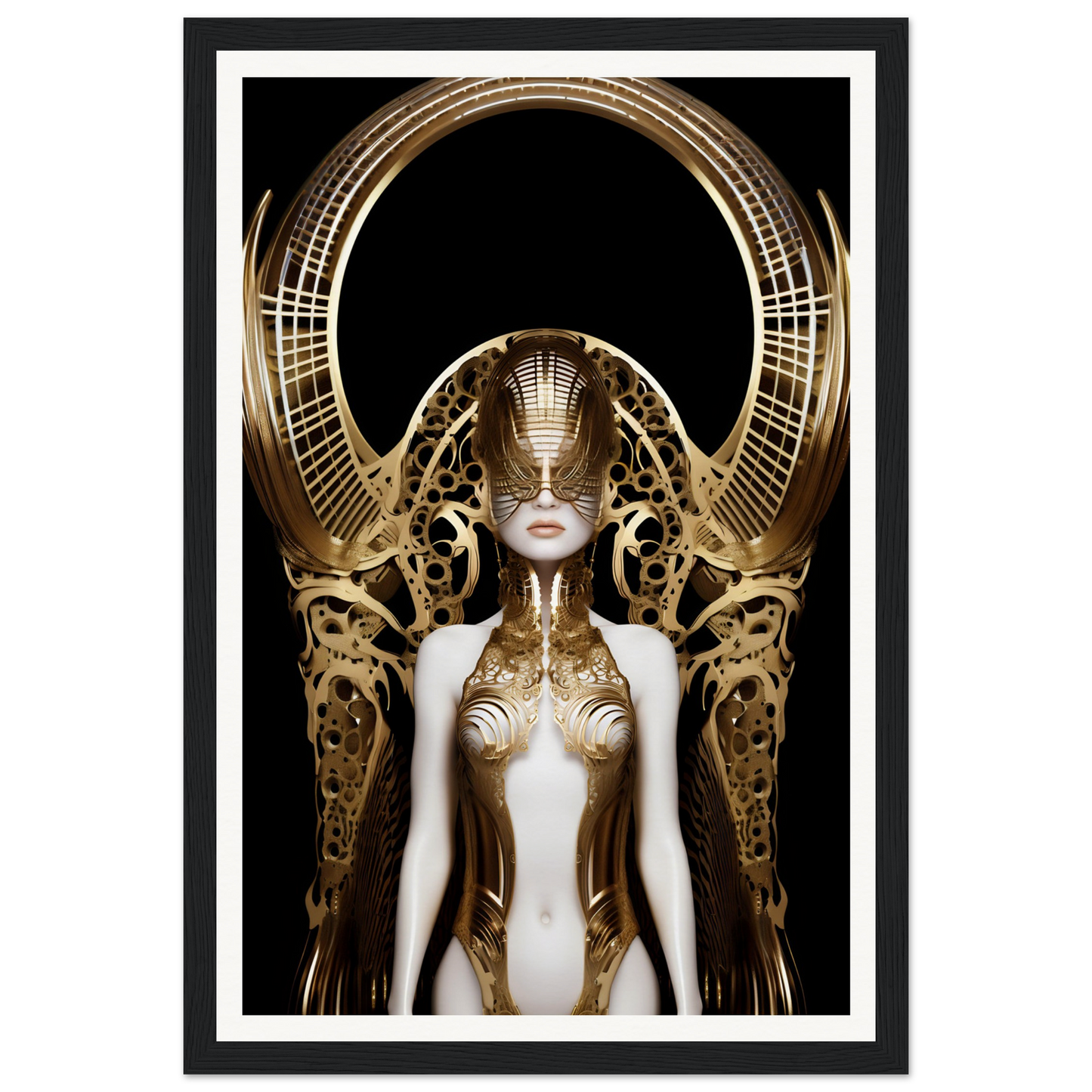Futuristic female figure adorned with intricate golden metallic headpiece and body ornaments.