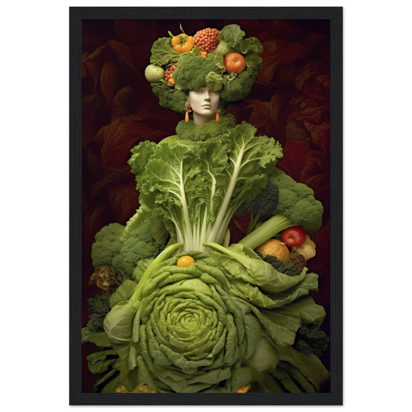 Surreal figure composed entirely of various fruits and vegetables, primarily leafy greens.