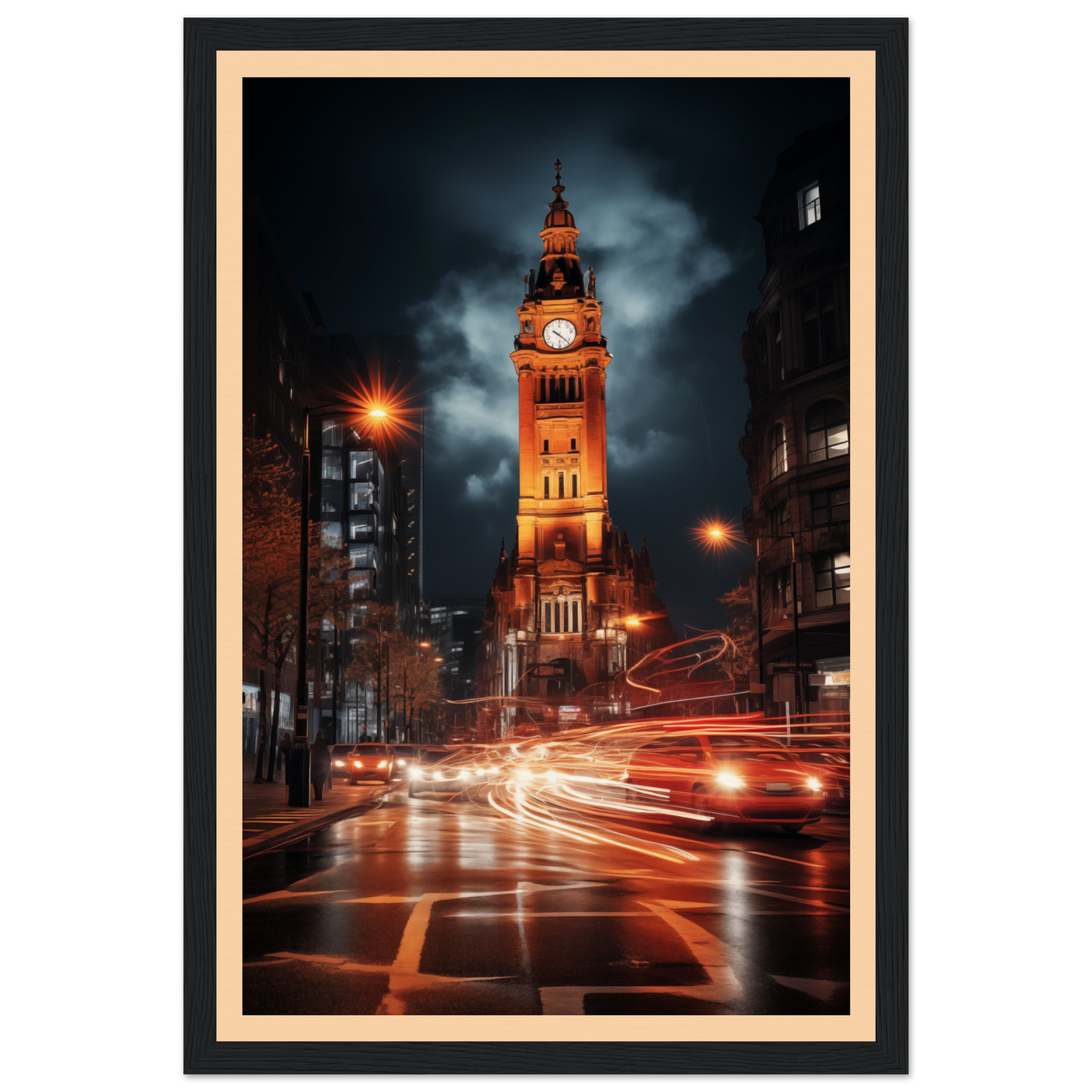 Illuminated clock tower at night with glowing red-orange lights.