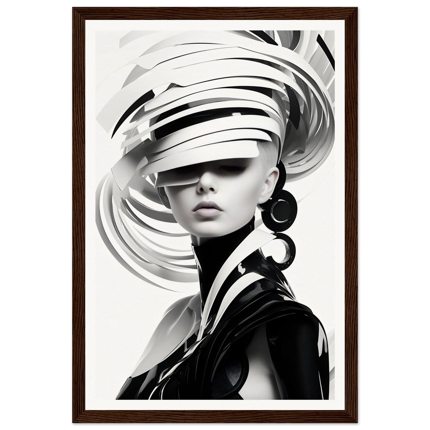 Striking black and white portrait of a woman wearing an elaborate swirling headpiece.