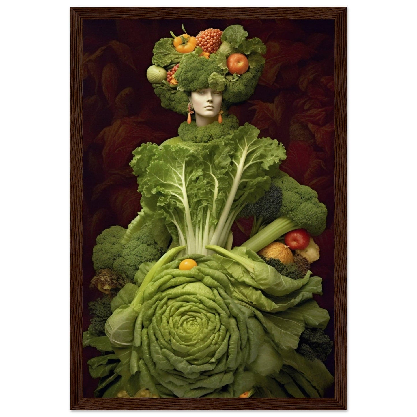 Surreal portrait composed entirely of various fruits and vegetables, primarily leafy greens.